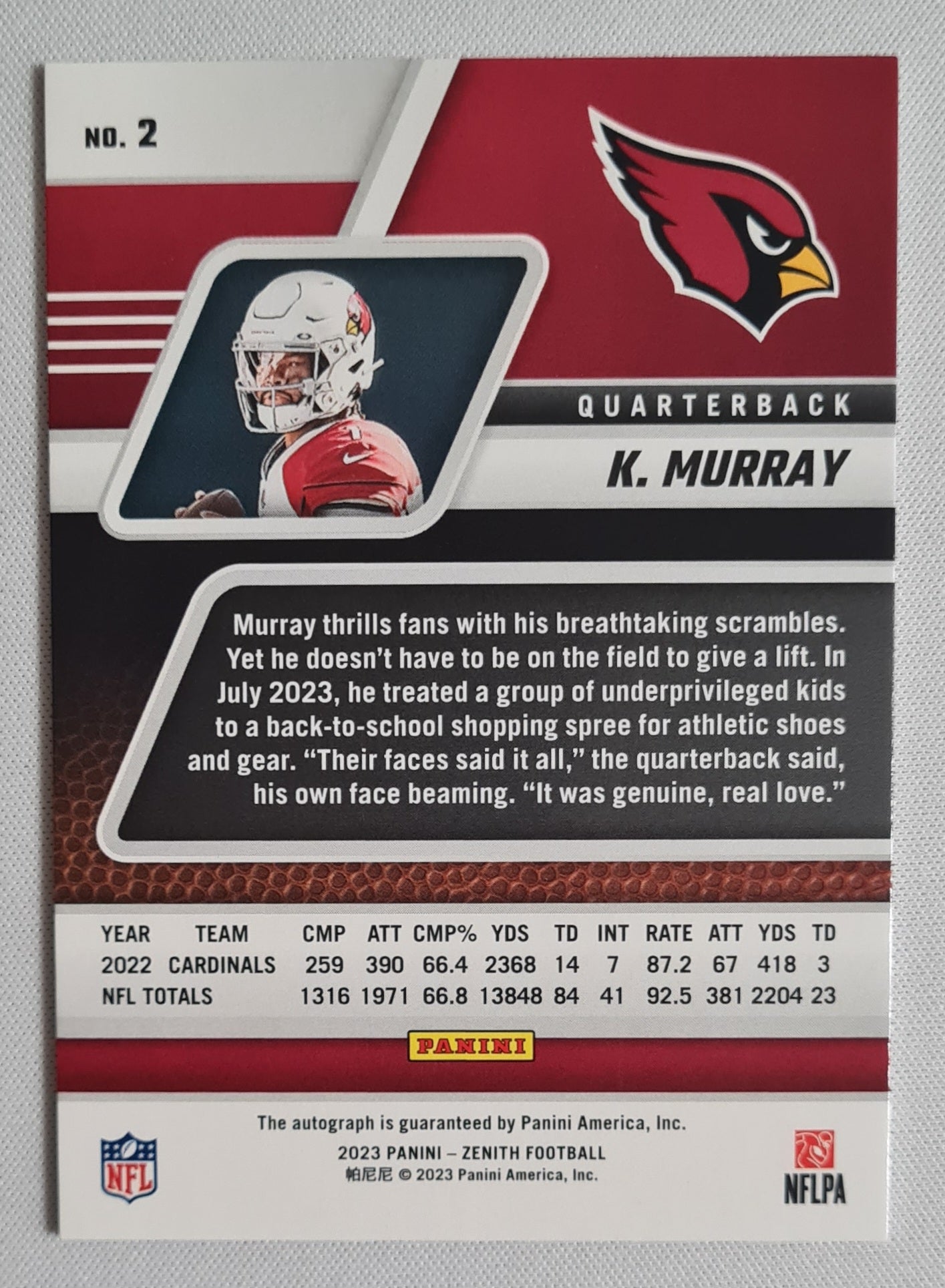 Kyler Murray - 2023 Panini Zenith Football #2 Arizona Cardinals /25 + Autograph
