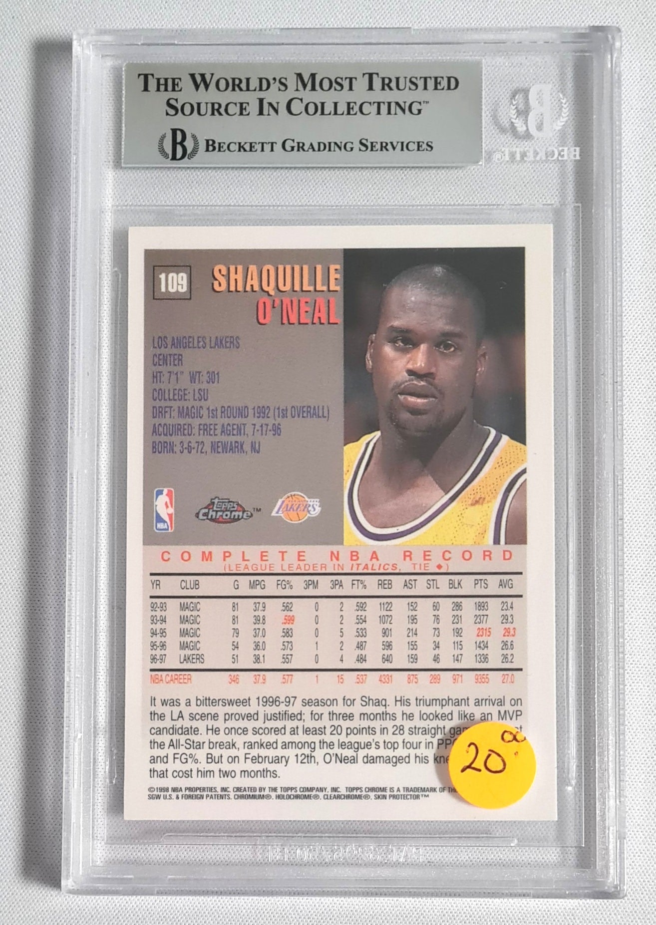 Shaquille O'Neal - 1997/98 Topps Chrome #109 NBA L.A. Lakers Beckett 8.5 NM-MT+