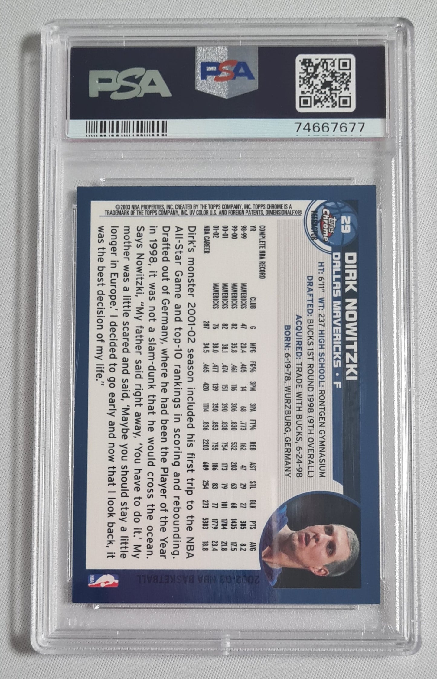 Dirk Nowitzki - 2002 Topps Chrome #29 Refractor NBA Dallas Mavericks PSA 9 MNT