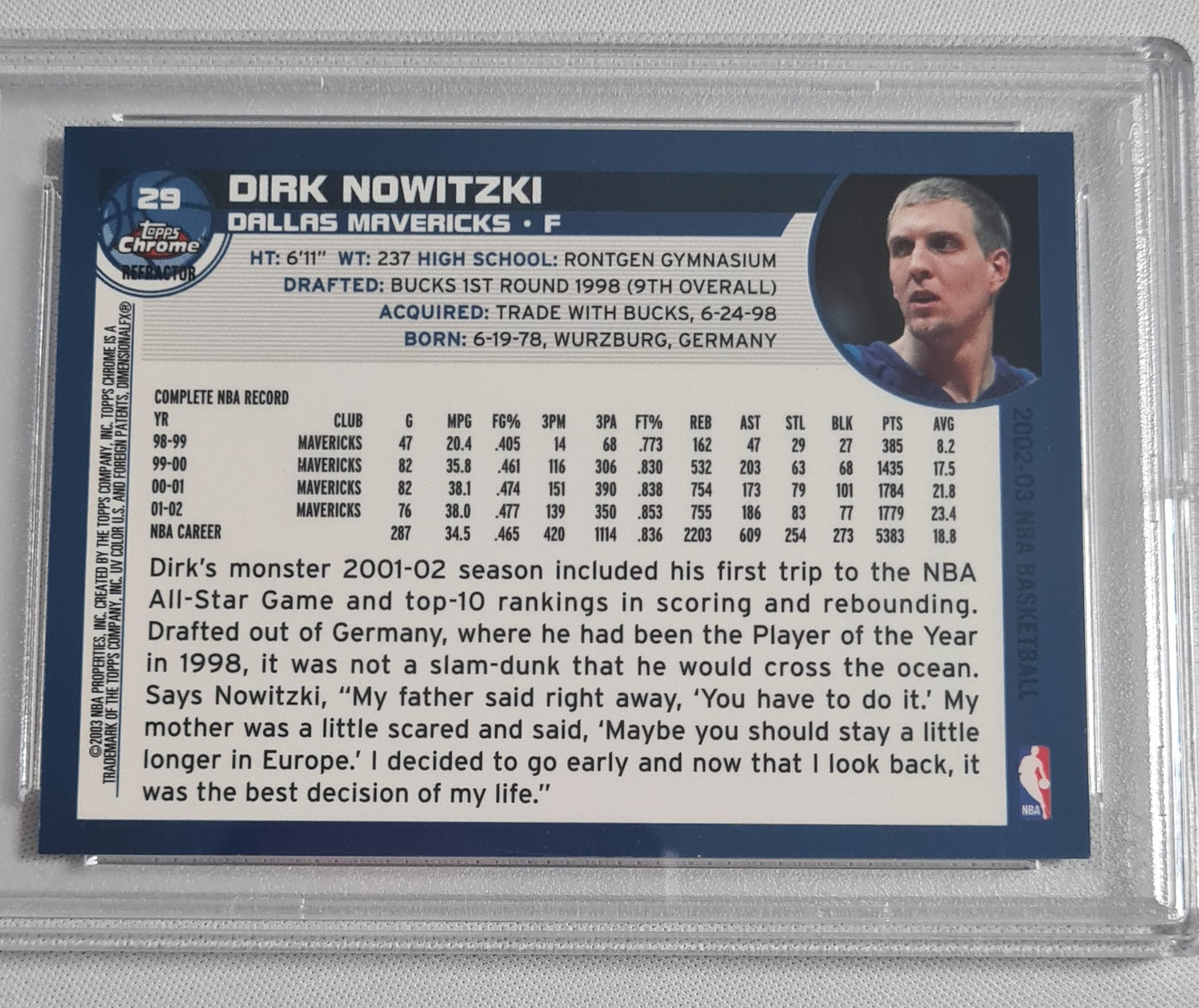 Dirk Nowitzki - 2002 Topps Chrome #29 Refractor NBA Dallas Mavericks PSA 9 MNT