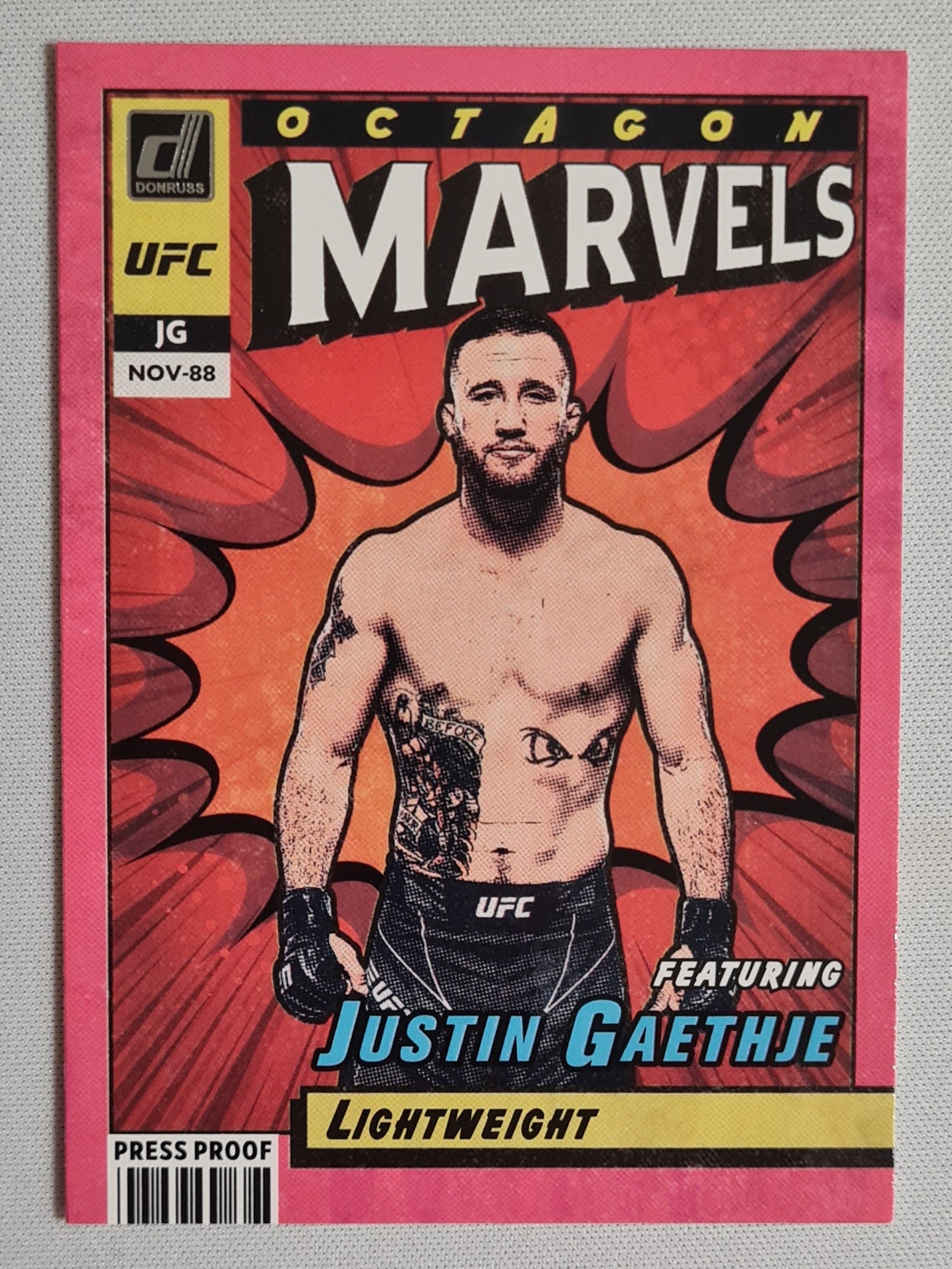Justin Gaethje - 2022 Panini Donruss Octagon Marvels #15 UFC Lightweight Pink Press Proof