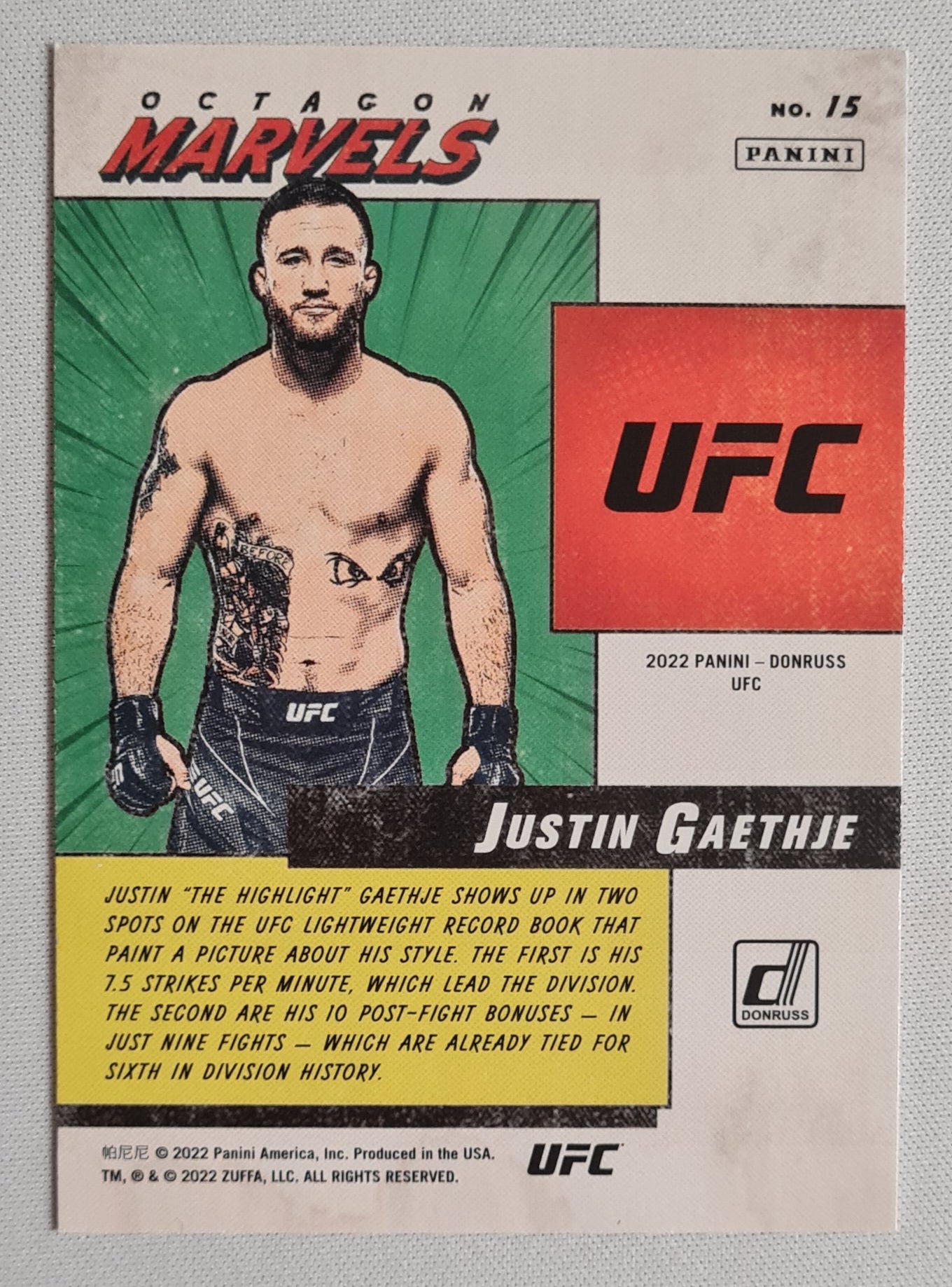 Justin Gaethje - 2022 Panini Donruss Octagon Marvels #15 UFC Lightweight Pink Press Proof