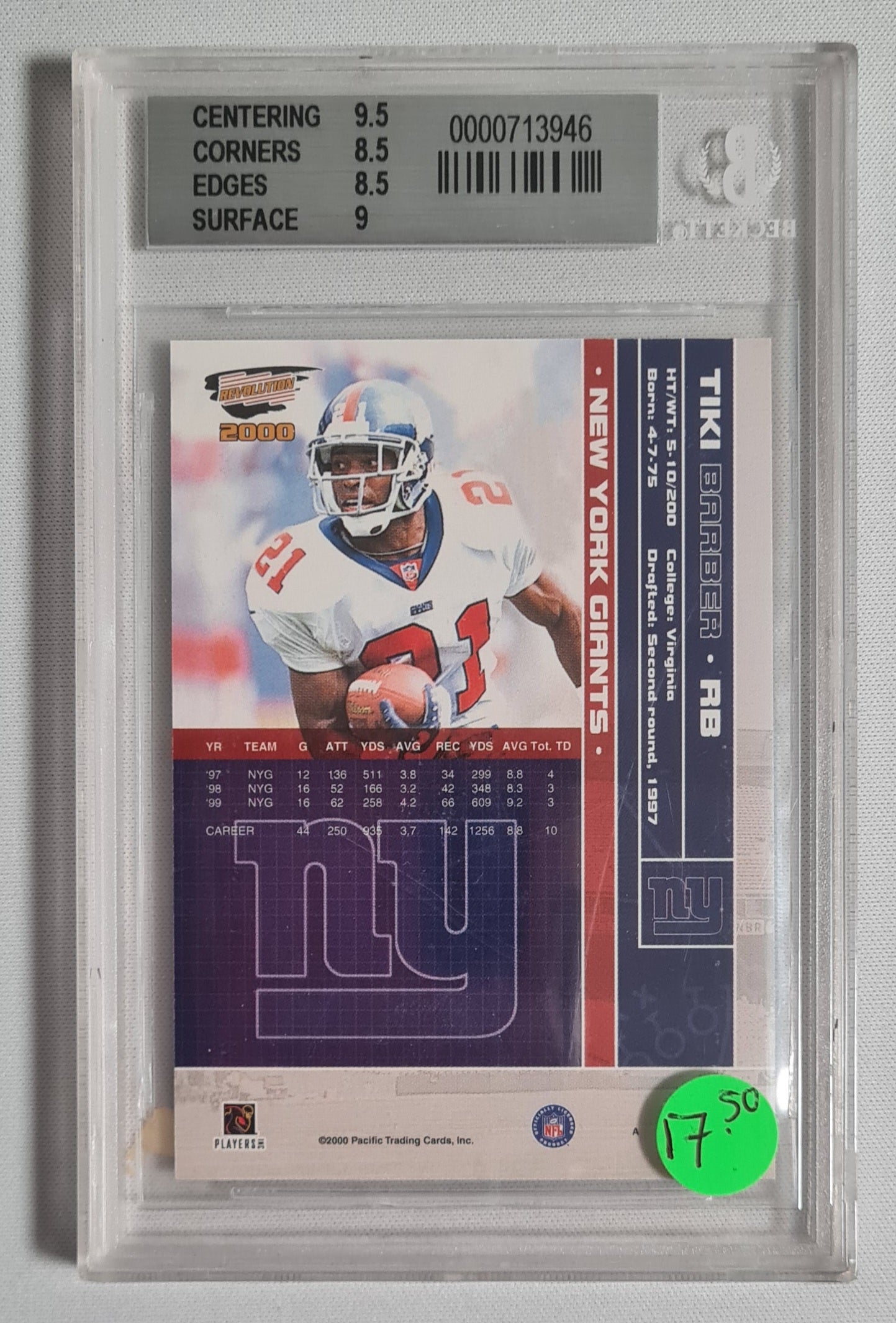 Tiki Barber - 2000 Revolution #59 NFL Football New York Giants Beckett 8.5 NM-MT