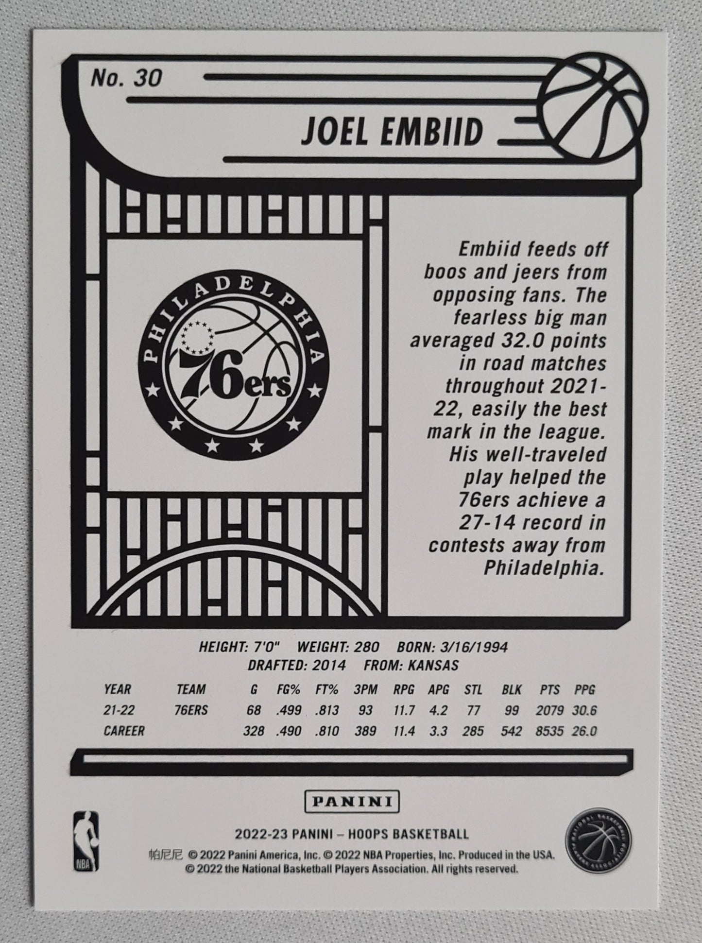 Joel Embid - 2022/23 Panini Hoops Basketball #30 NBA Philadelphia 76ers