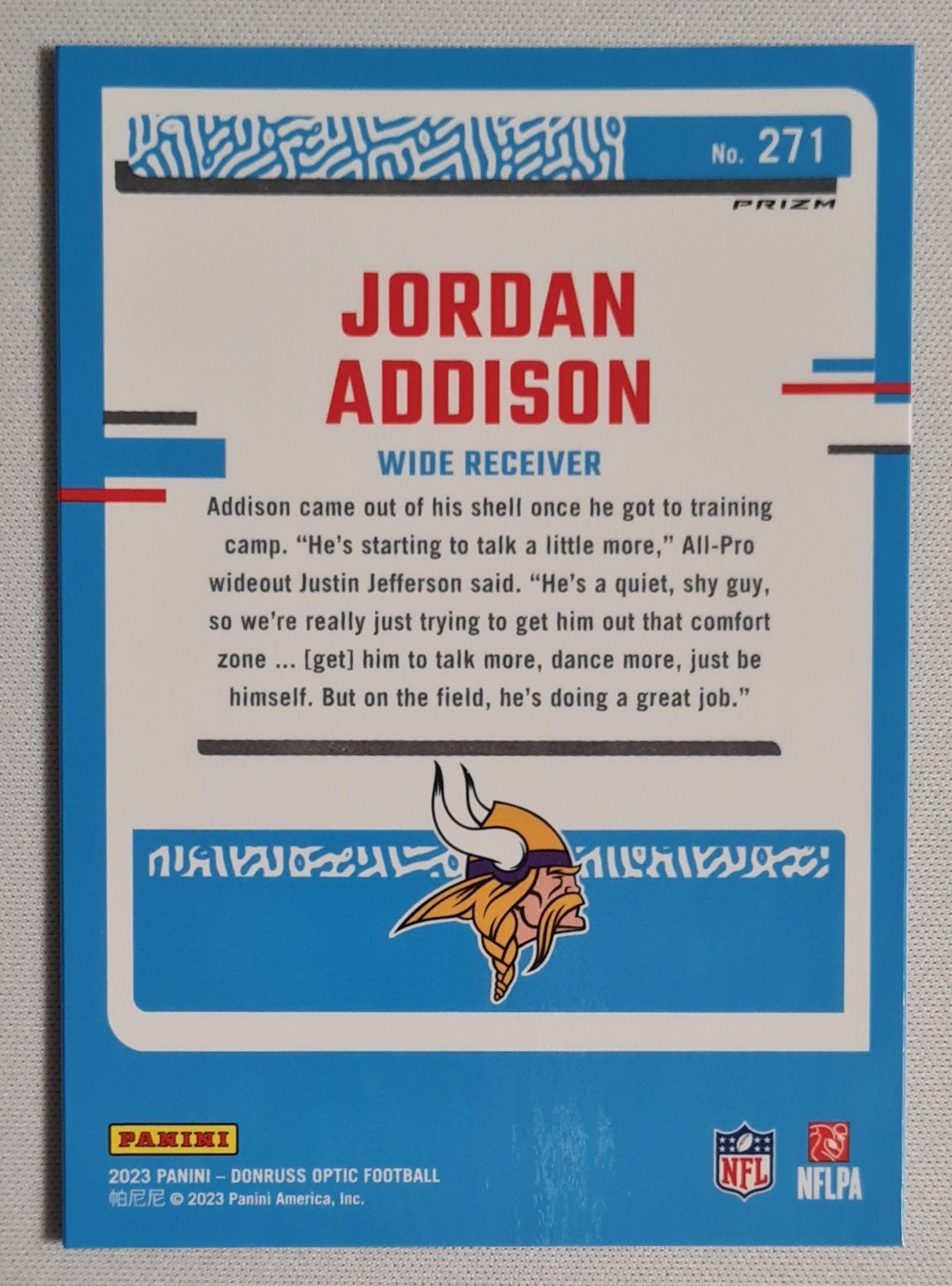 Jordan Addison - 2023 Donruss Optic Rated Rookie Blue Hyper #271 Minnesota Vikings