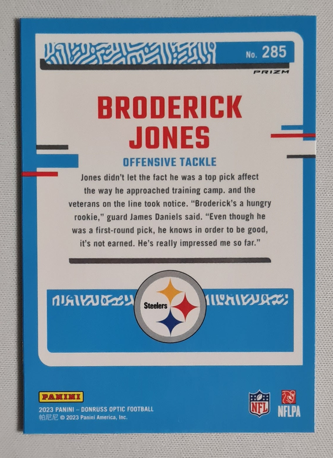Broderick Jones - 2023 Donruss Optic Rated Rookie Blue Hyper #285 Pittsburgh Steelers