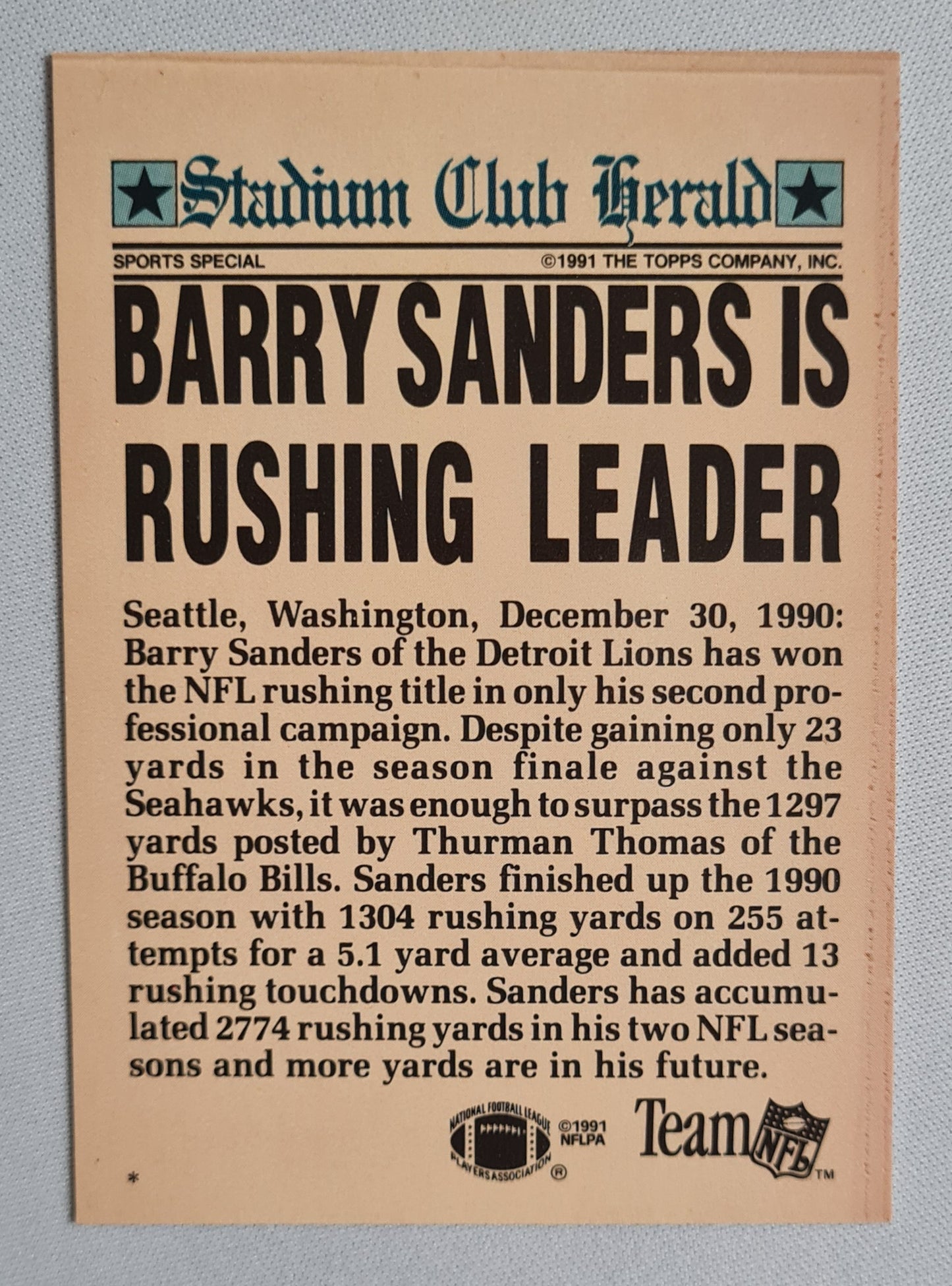 Barry Sanders - 1991 Topps Stadium Club Charter Member #NNO Detroit Lions