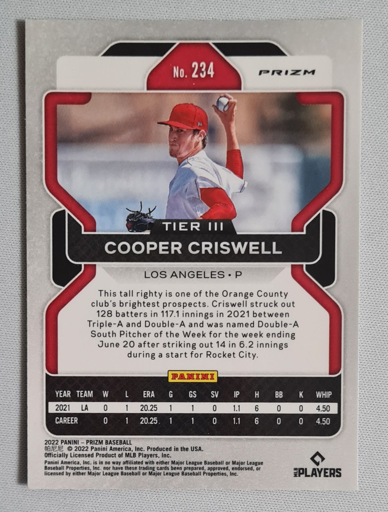 Cooper Criswell - 2022 Panini Prizm Tier III Red White & Blue Prizm #234 Los Angeles Angels