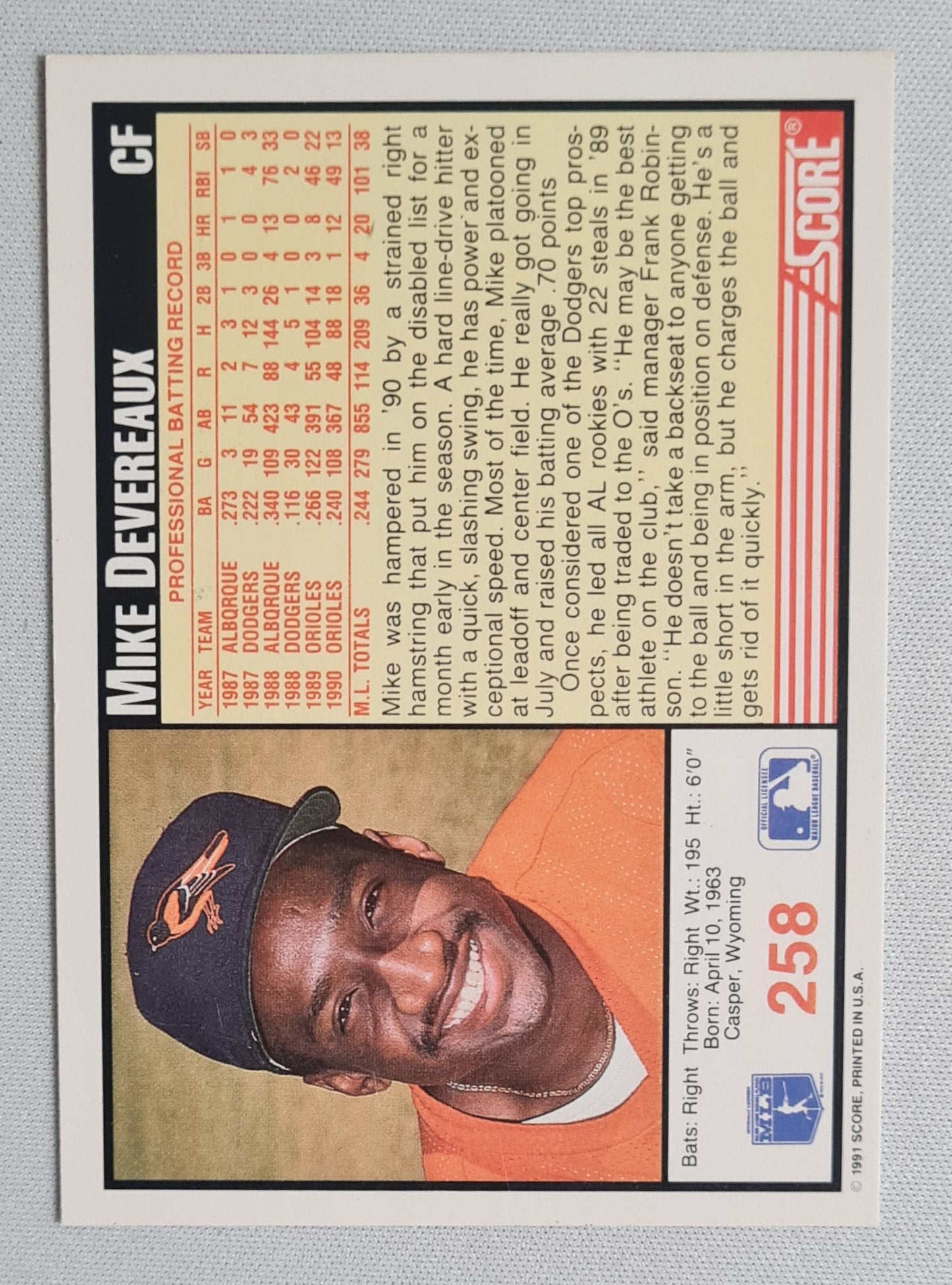 Mike Devereaux - 1991 Score #258 Baltimore Orioles