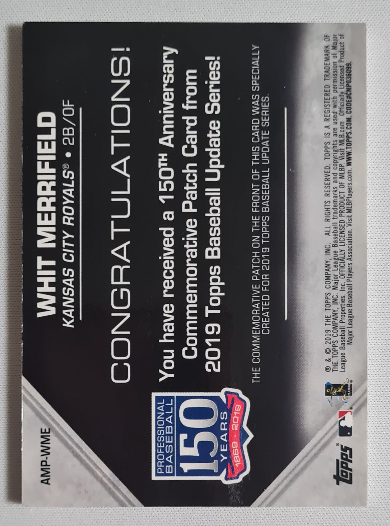 Whit Merrifield - Topps Update 2019 150th Anniversary Commemorative Patch #AMP-WME Kansas City Royals