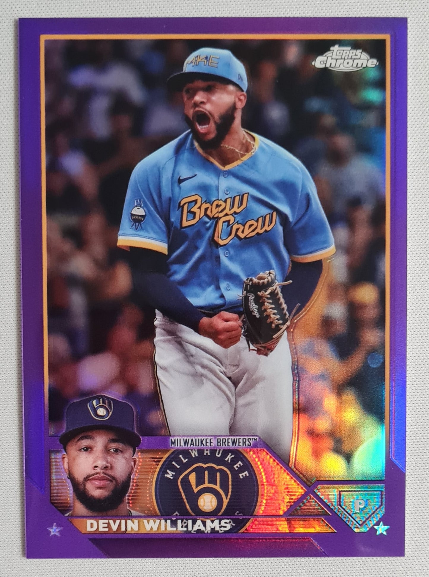 Devin Williams - 2023 Topps Chrome Update Purple Refractor /250 #USC82 Milwaukee Brewers