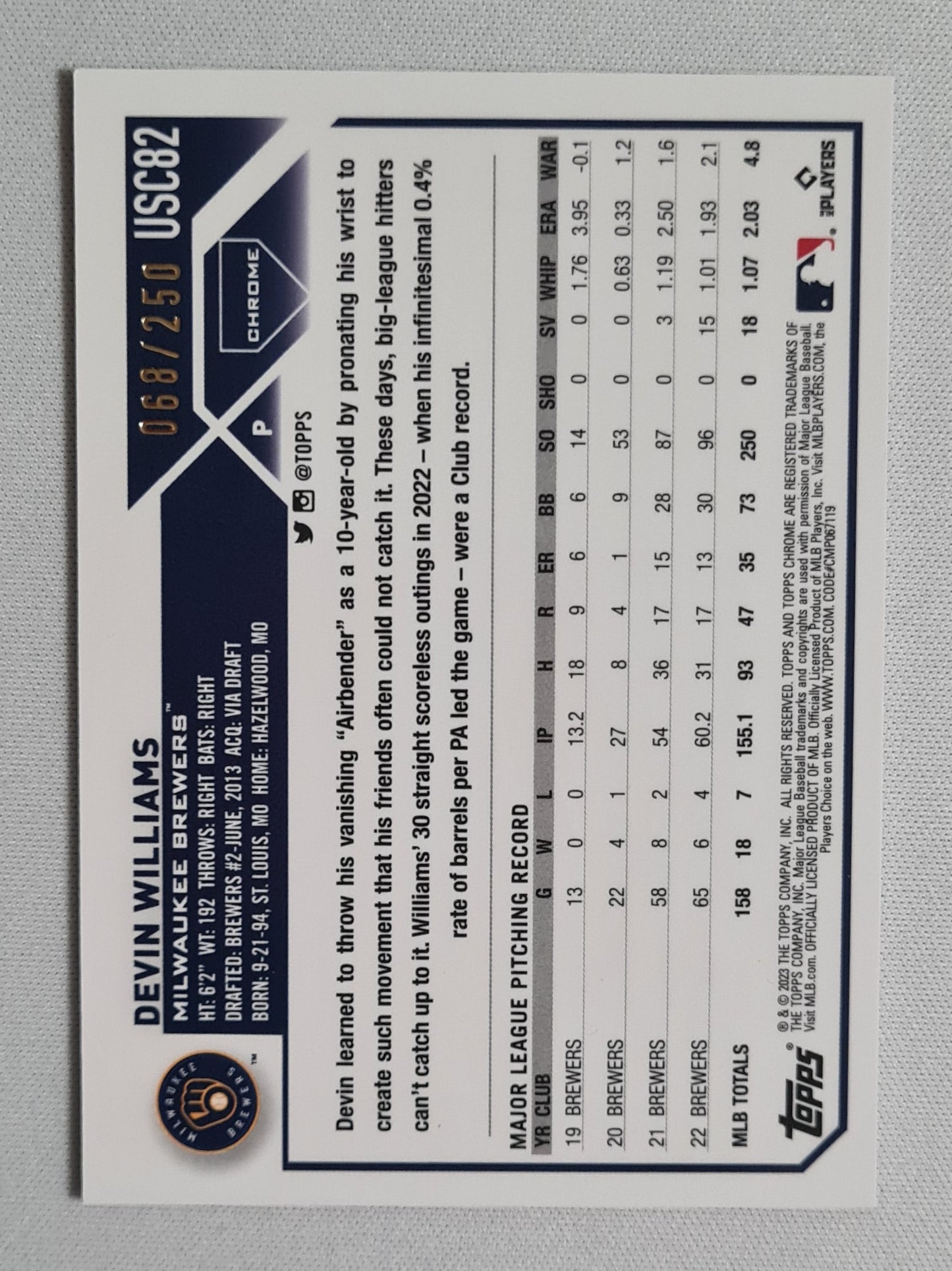 Devin Williams - 2023 Topps Chrome Update Purple Refractor /250 #USC82 Milwaukee Brewers