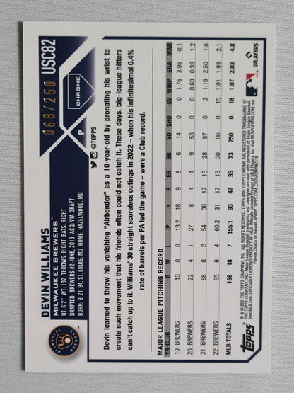 Devin Williams - 2023 Topps Chrome Update Purple Refractor /250 #USC82 Milwaukee Brewers