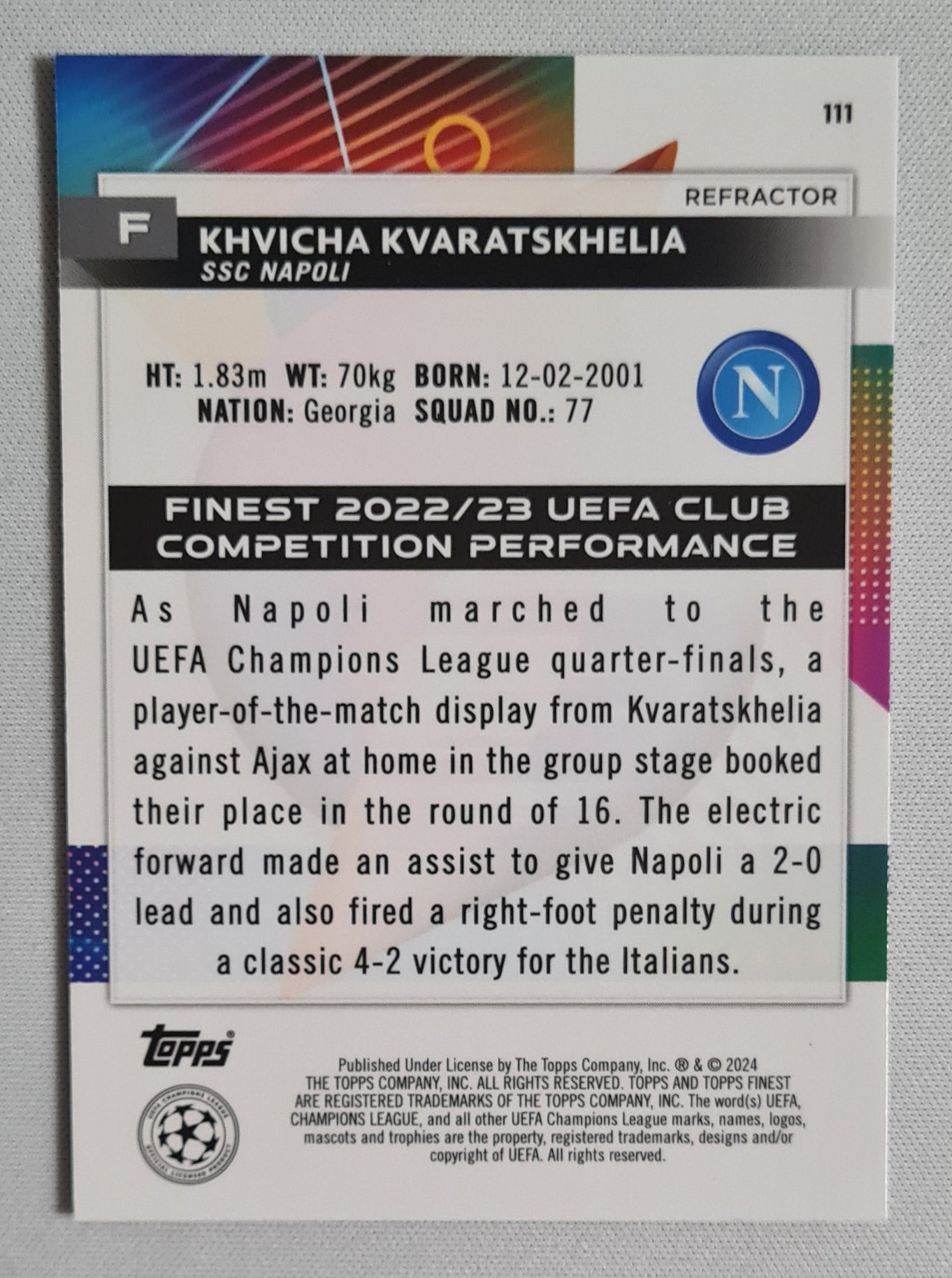 Khvicha Kvaratskhelia - 2022/23 Topps Finest Refractor #111 SSC Napoli