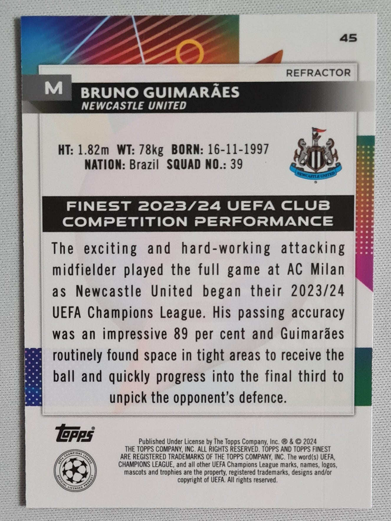 Bruno Guimaraes - 2023/24 Topps Finest UCC Refractor #45 Newcastle United