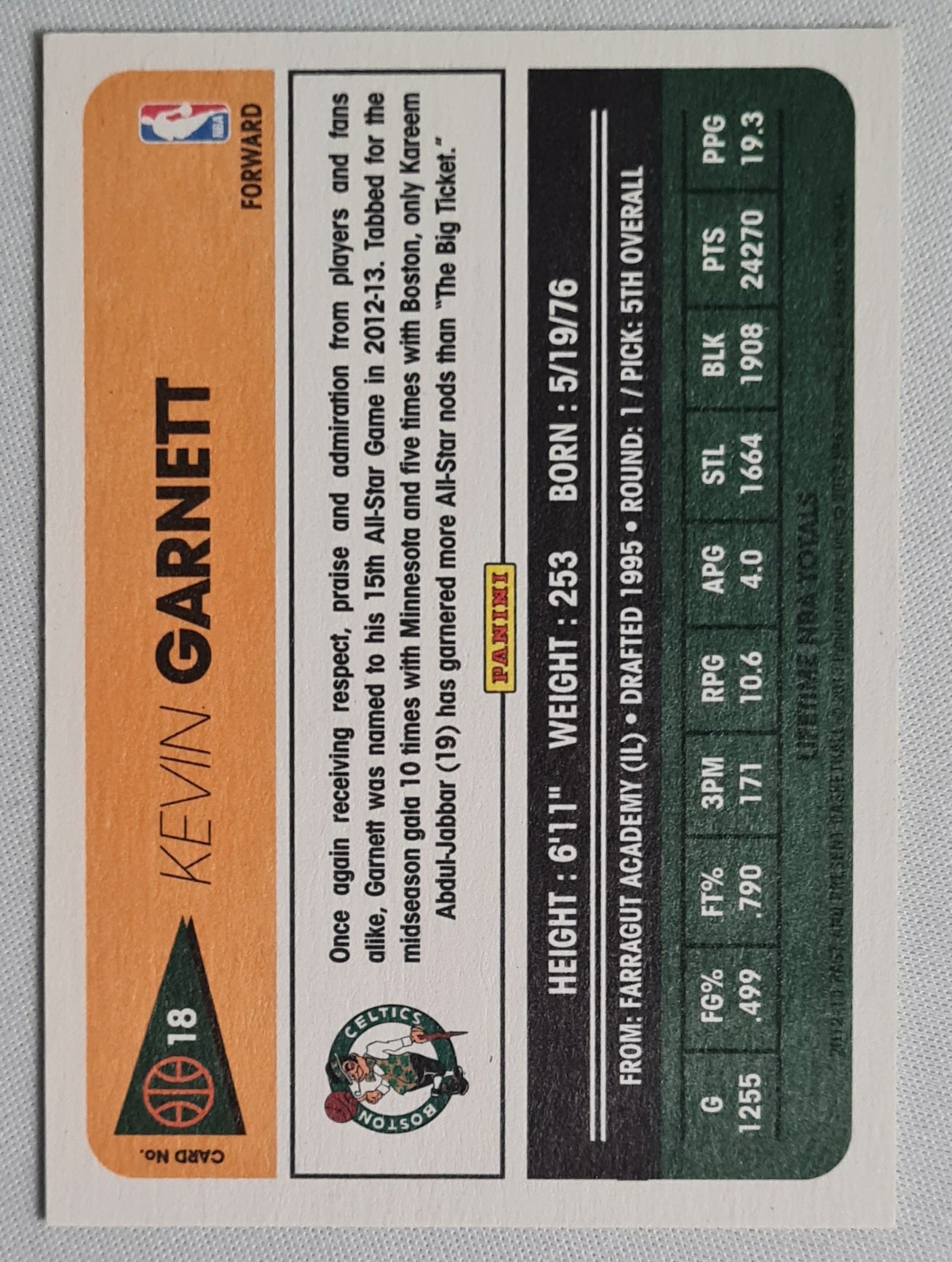 Kevin Garnett - 2012-13 Past and Present Basketball (Life time NBA Totals) NBA Celtics #18