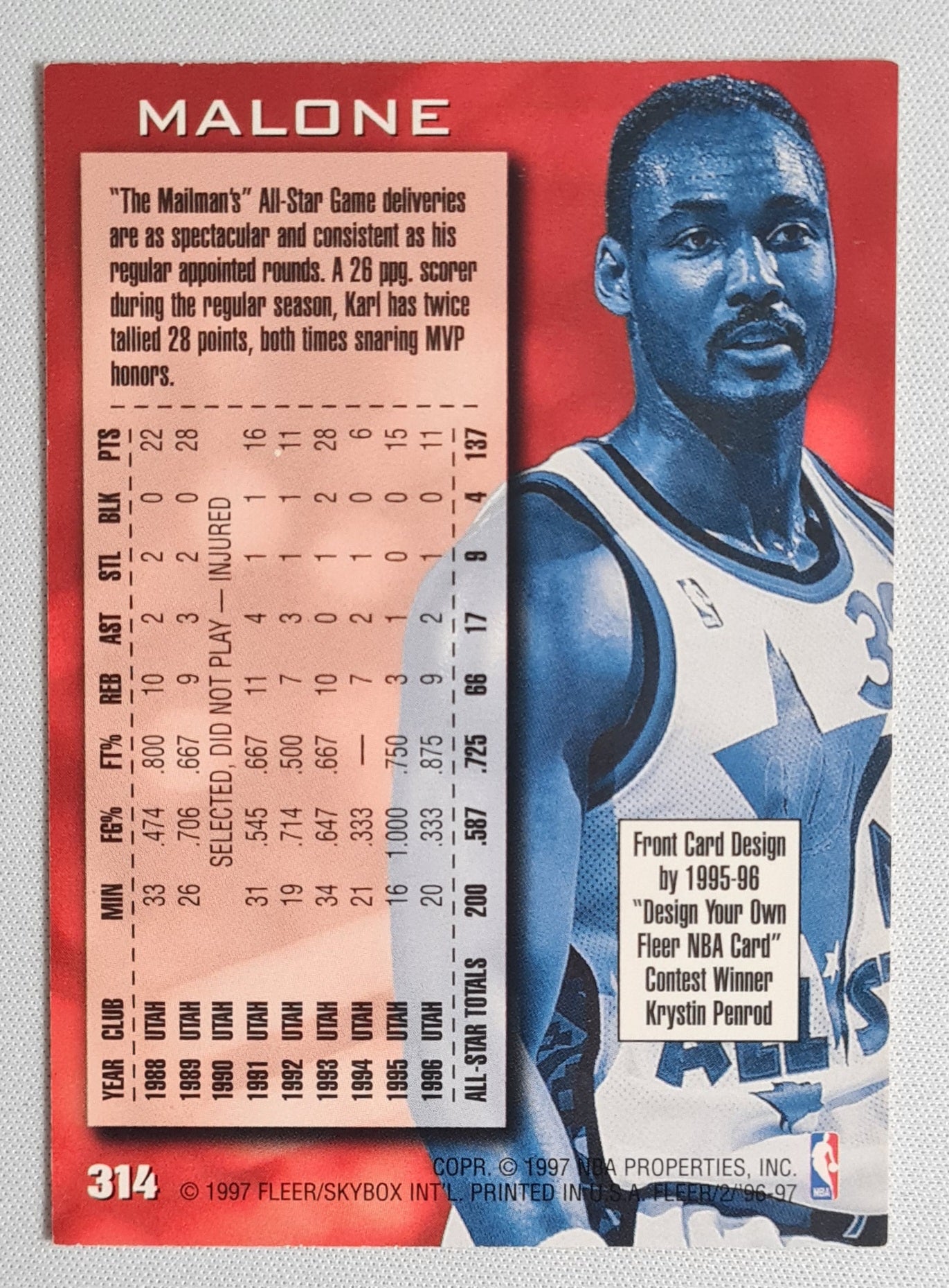 Karl Malone - 1997 Fleer/SkyBox NBA Baseketball All Star Game - Jazz - #314