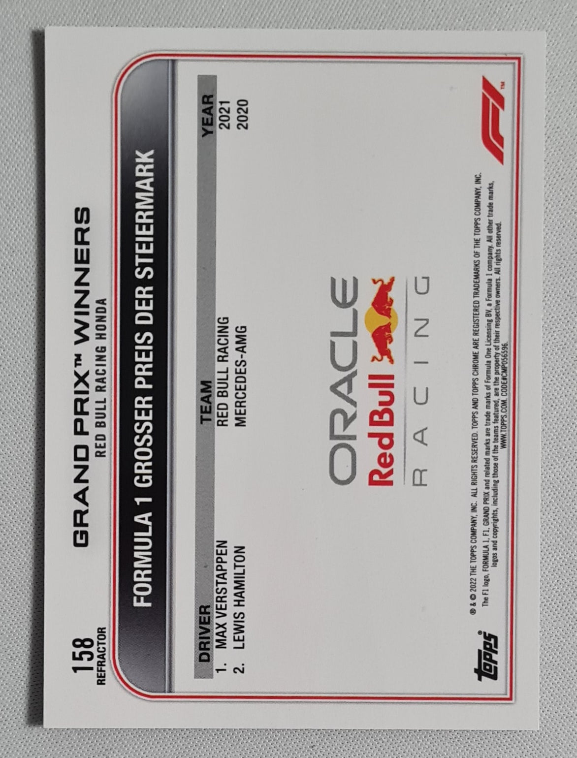 Max Verstappen - 2022 Topps Chrome Red Bull Refractor #158