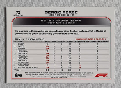 Sergio Perez - 2022 Topps Chrome Oracle Red Bull Refractor #23