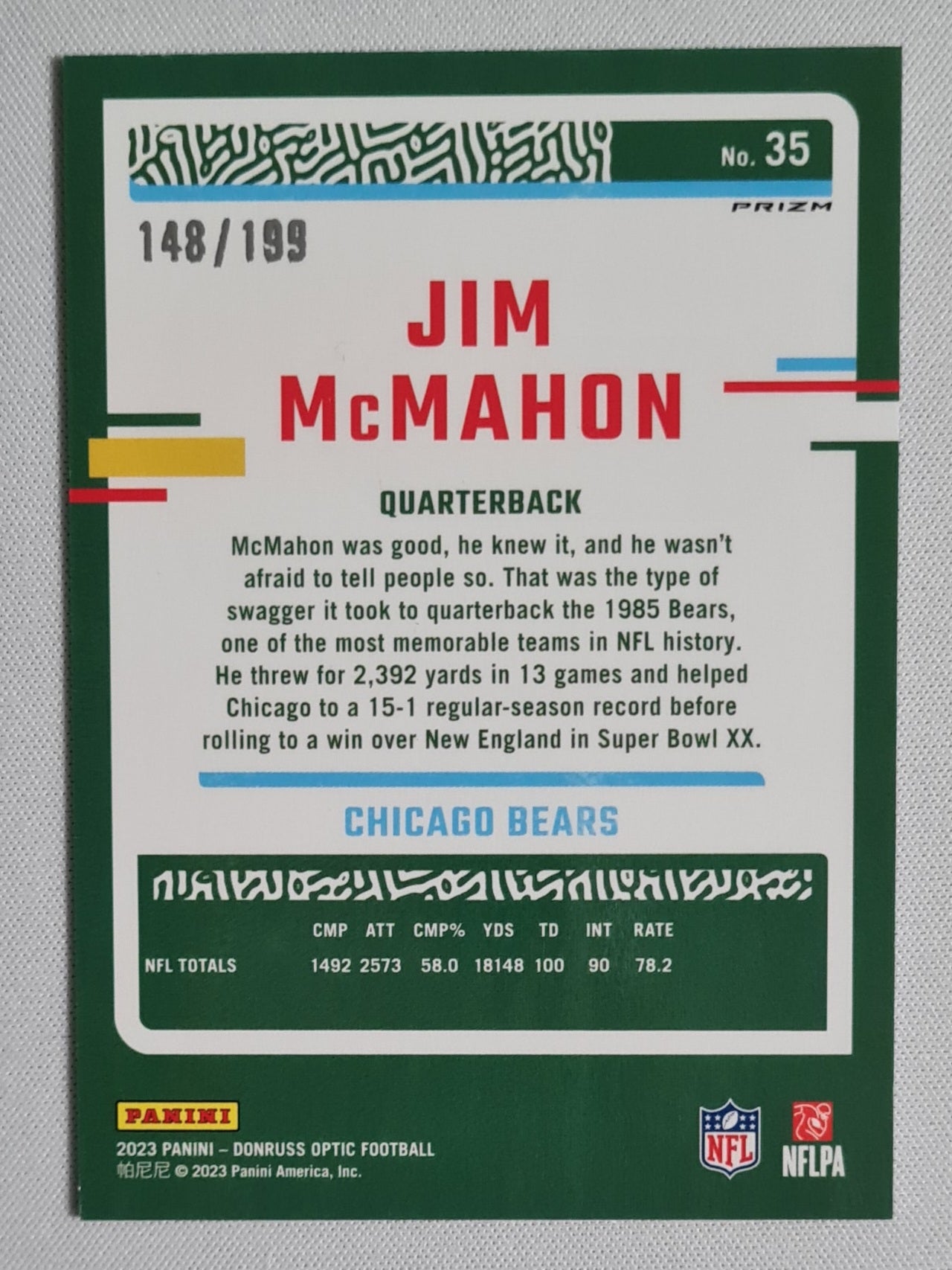 Jim McMahon - 2023 Panini Donruss Optic Football NFL Bears #35 Prizm /199