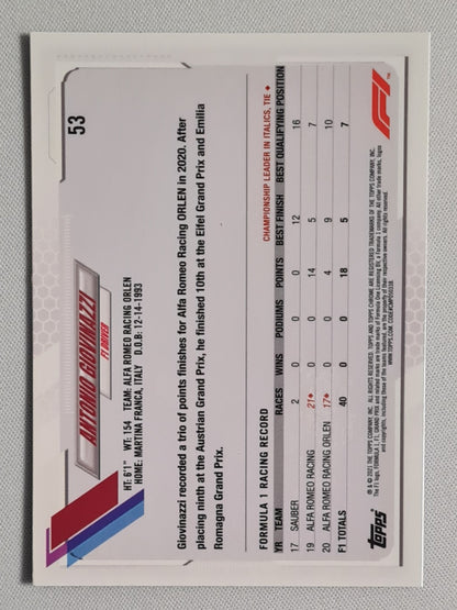 Antonio Giovinazzi - 2021 Topps Chrome Alfa Romeo Sapphire #53