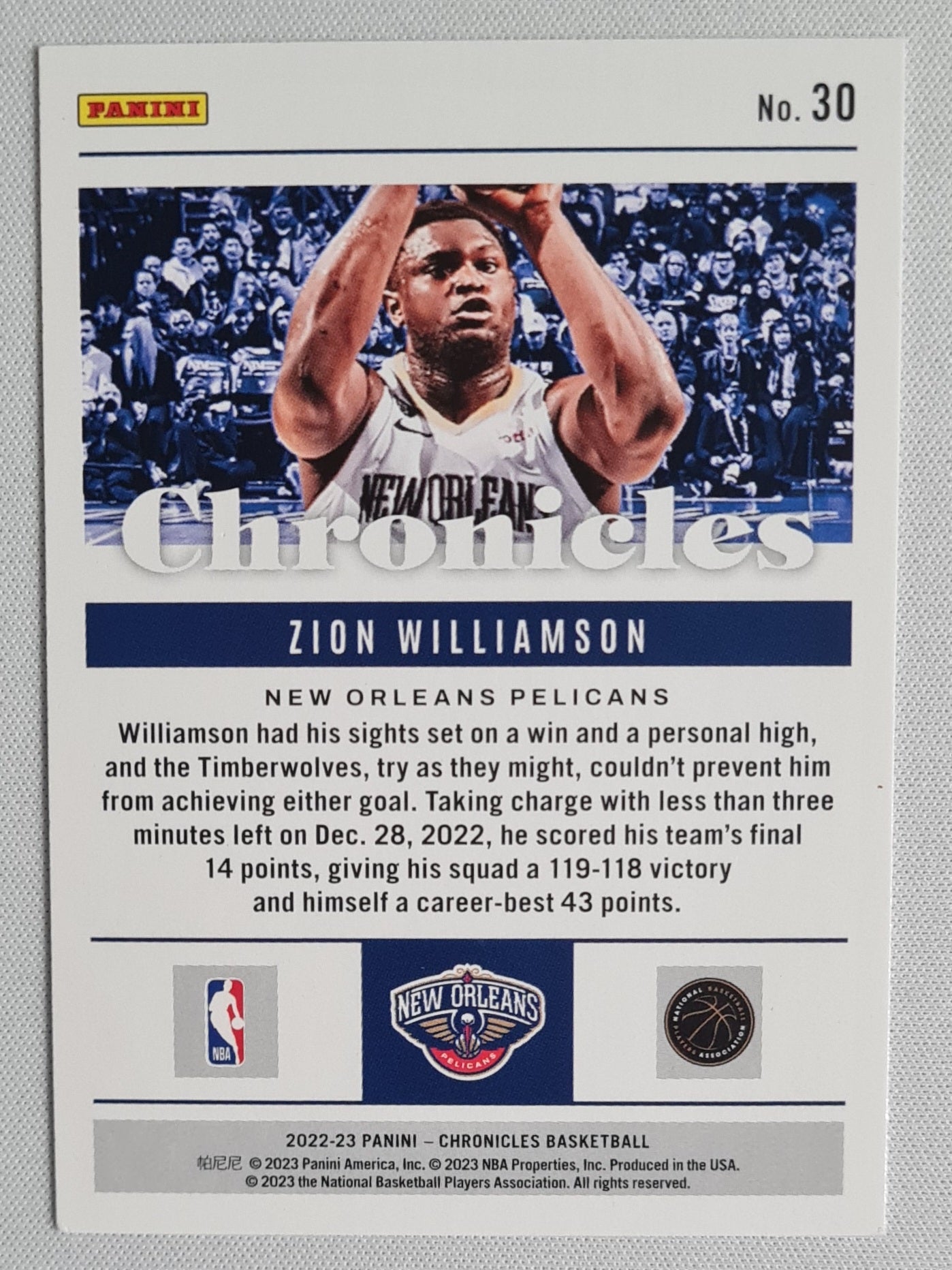 Zion Williamson - 2022-23 Panini Chronicles Basketball NBA Pelicans #30