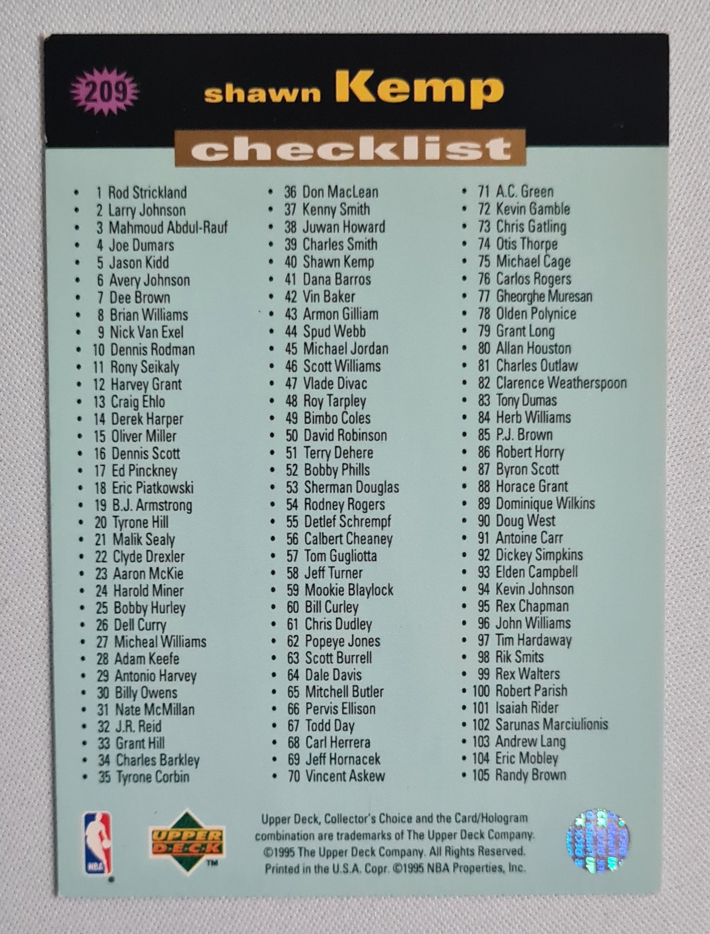 Shawn Kemp - 1995 Upper Deck (Checklist 1-105) NBA Sonics #209