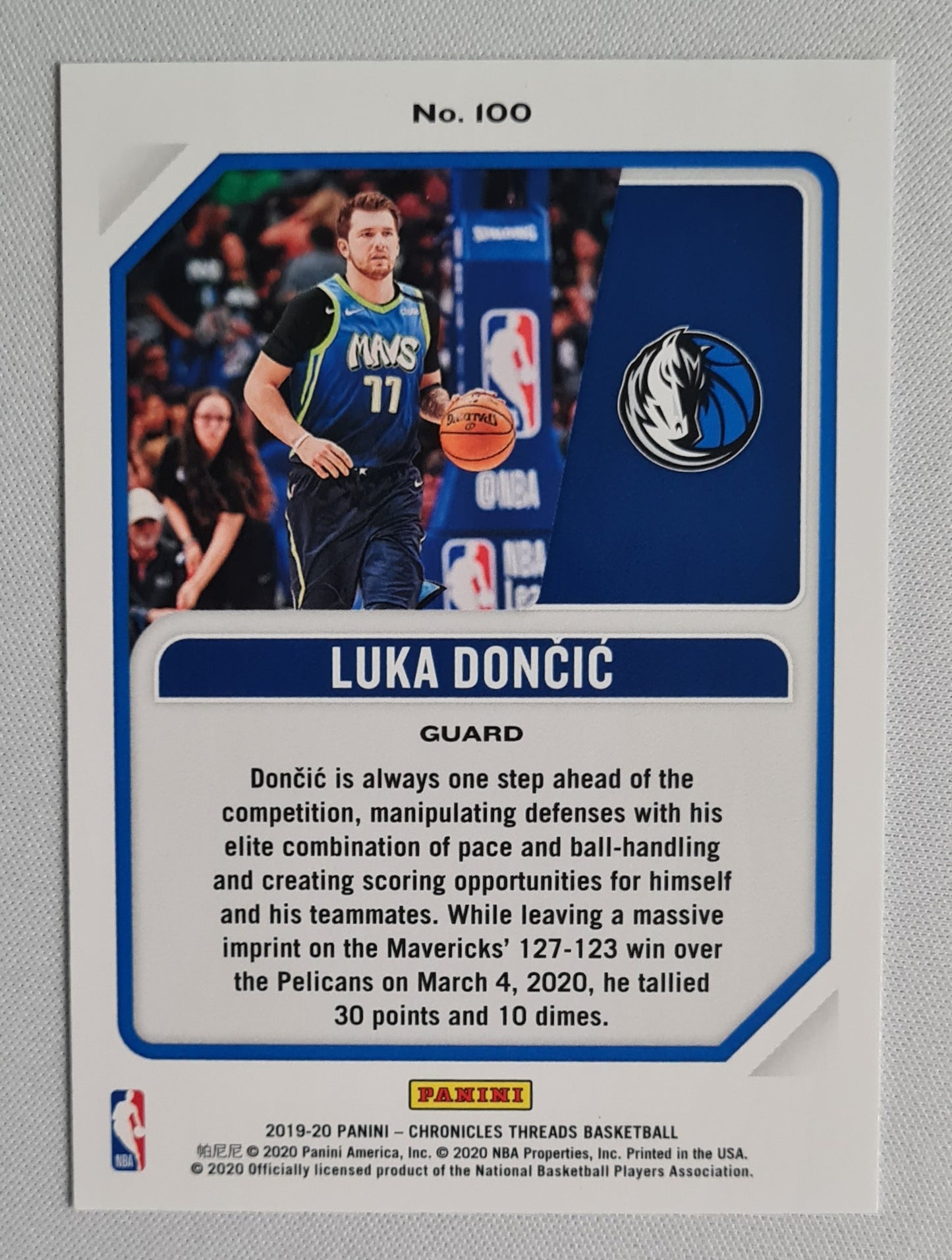 Luka Doncic - 2019-20 Panini Chronicles Thread Basketball NBA Dallas #100