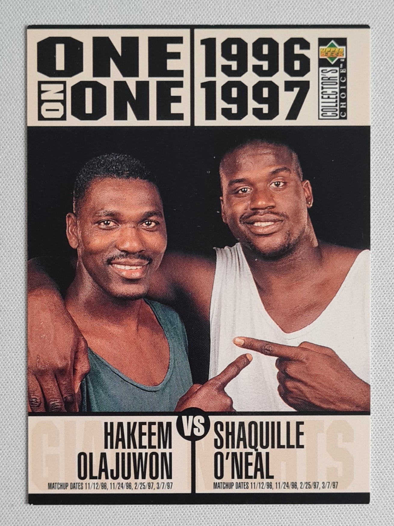 One on One - 1996 Upper Deck (featuring Hakeem Olajuwon vs Shaquille O'Neal) NBA #357