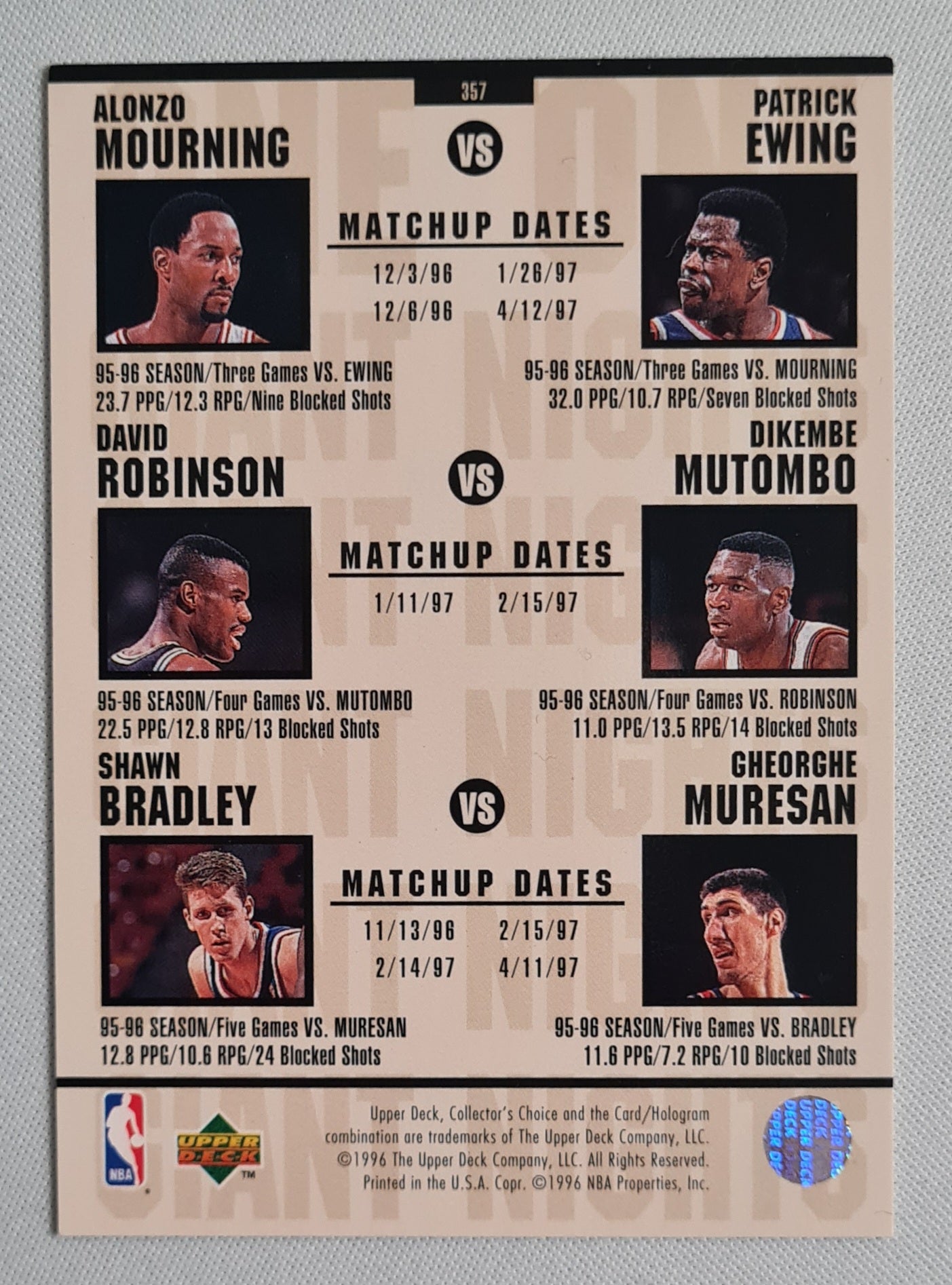 Hakeem Olajuwon vs Shaquille O'Neal - 1996/97 Upper Deck Collector's Choice One on One #357