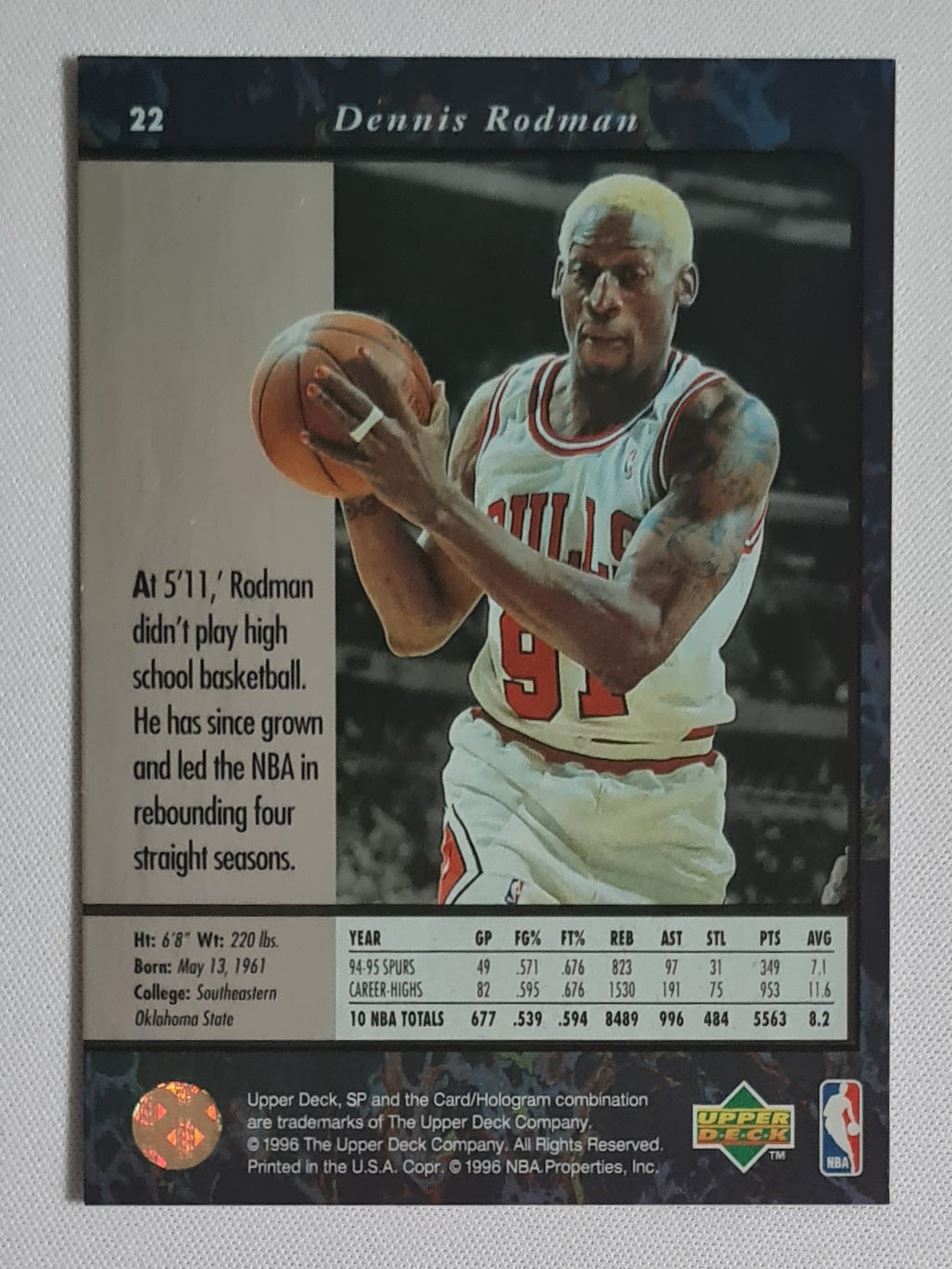 Dennis Rodman - 1996 Upper Deck NBA Basketball Bulls #22