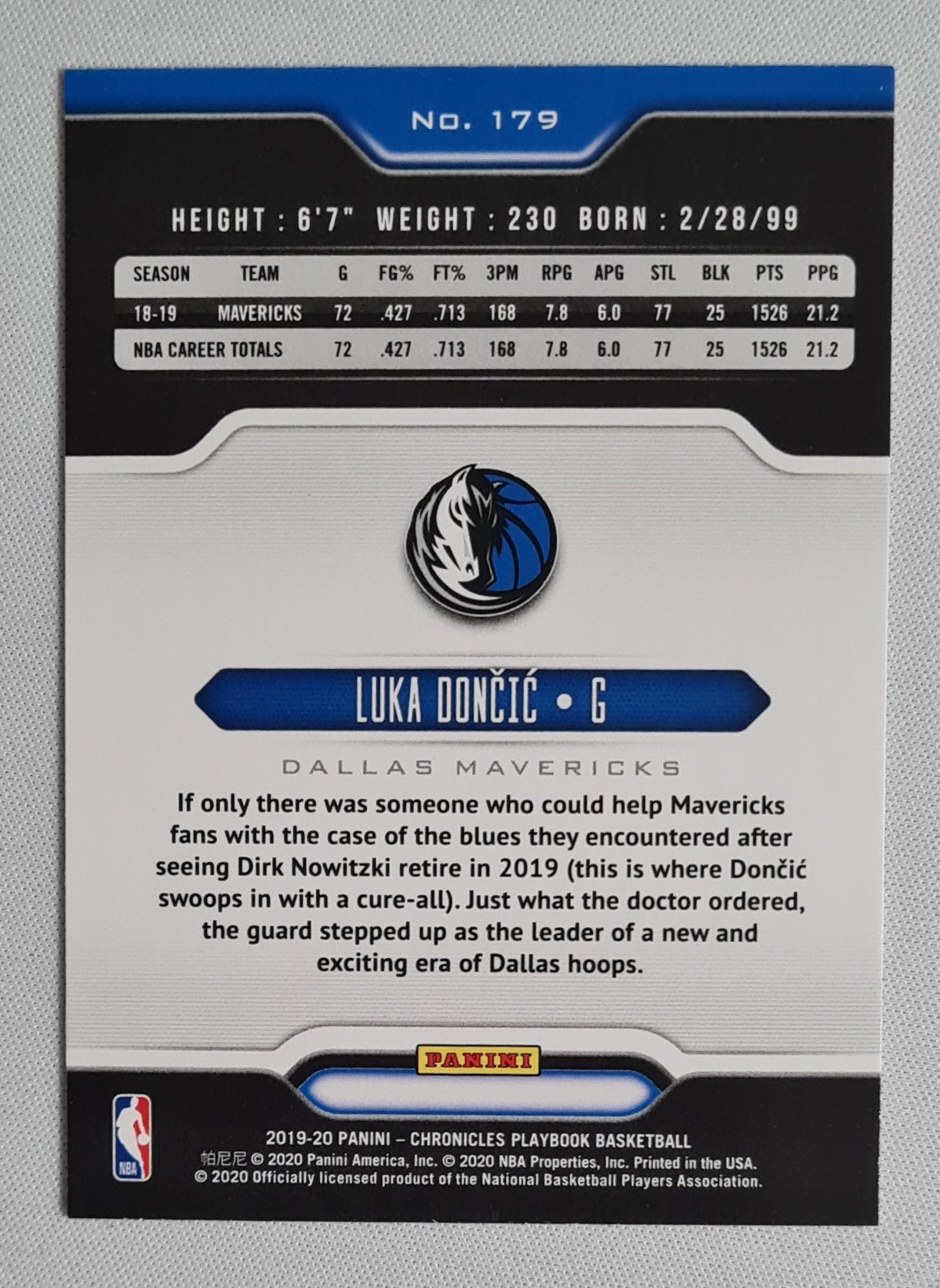 Luka Doncic - 2019-20 Panini Chronicles Playbook Basketball NBA Mavericks #179