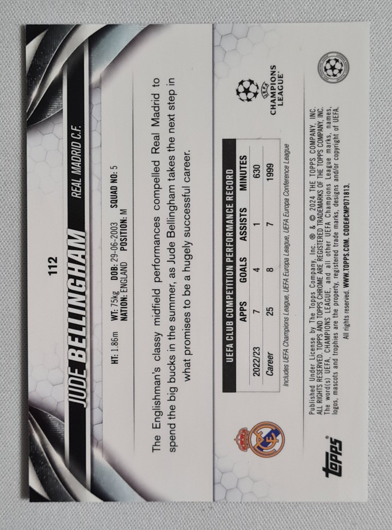 Jude Bellingham - 2023/24 Topps Chrome UEFA Blue Prizm /150 #112 Real Madrid C.F.
