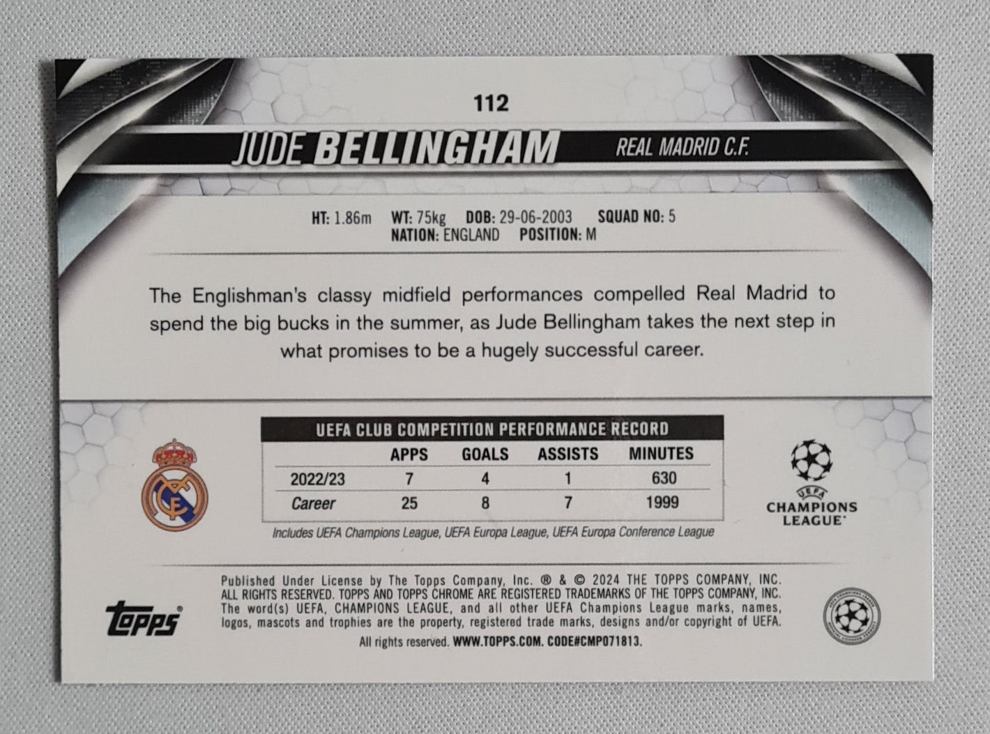 Jude Bellingham - 2023/24 Topps Chrome UEFA Blue Prizm /150 #112 Real Madrid C.F.