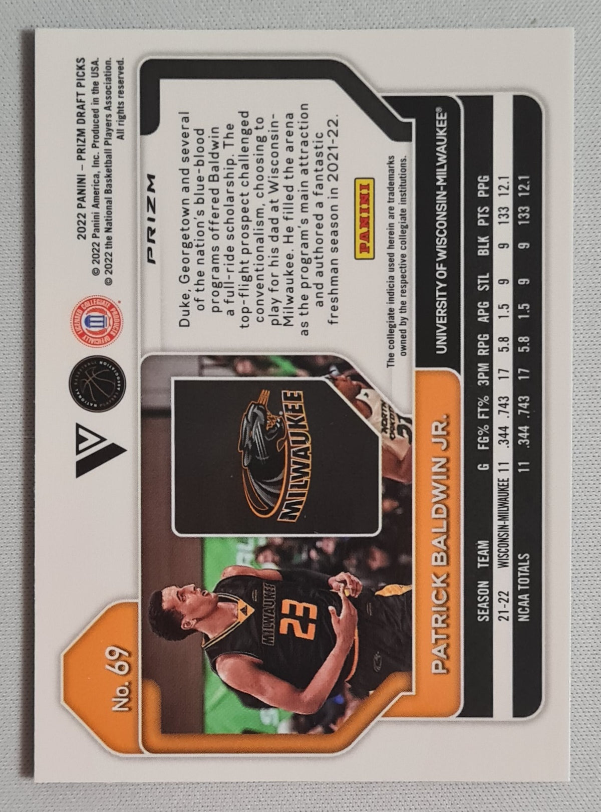 Patrick Baldwin Jr. - 2022 Panini Draft Picks #69 Blue Green Yellow Prizm Rookie Card