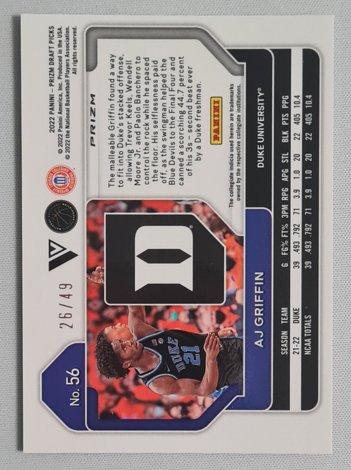 AJ Griffin - 2022 Panini Prizm Draft Picks Duke University #56 (RC) /49