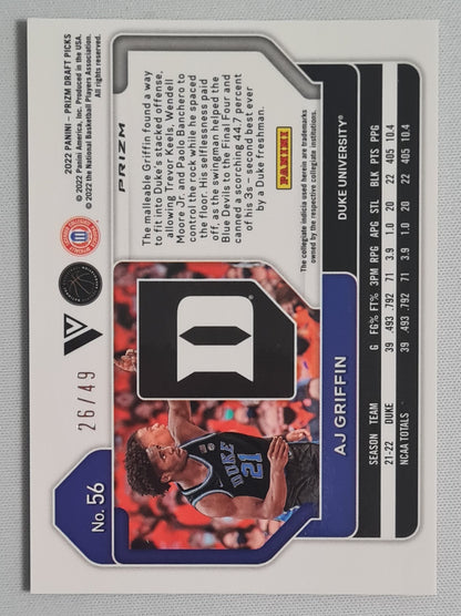 AJ Griffin - 2022 Panini Prizm Draft Picks Duke University #56 (RC) /49