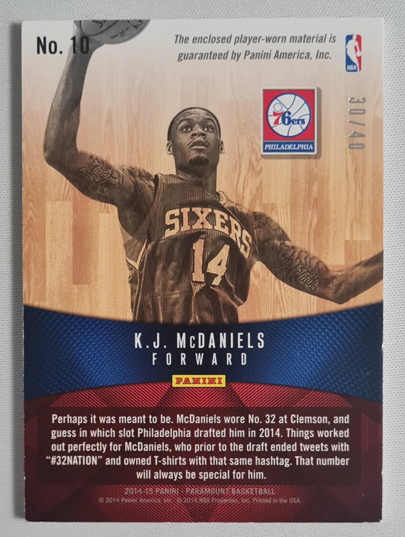 K.J. McDaniels - 2014 Panini Paramount Home & Away Jerseys 76ers #10 (RC) Patch /40