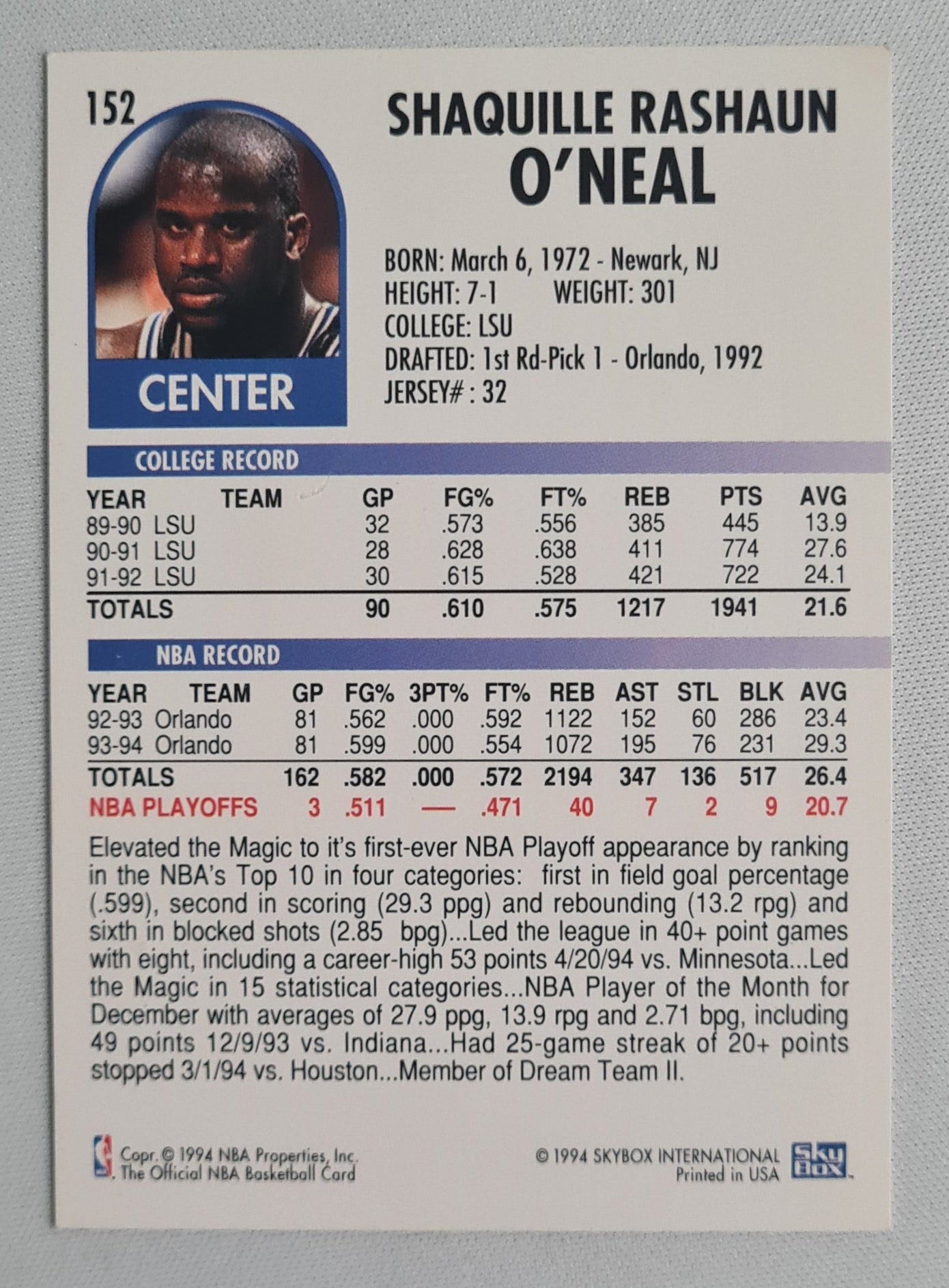 Shaquille O'Neal - 1994 Skybox Orlando Magic #152