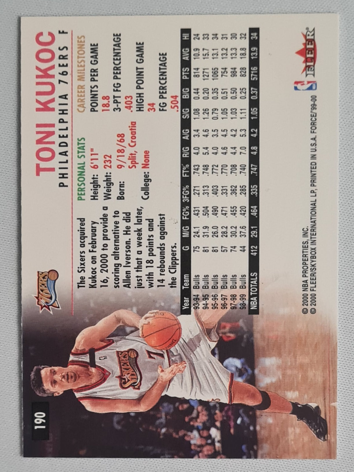 Toni Kukoc - 2000 Fleer Force 76ers #190
