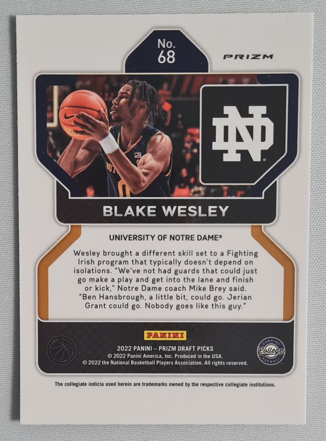 Blake Wesley - 2022 Panini Prizm Draft Picks University of Notre Dame #68 (RC)