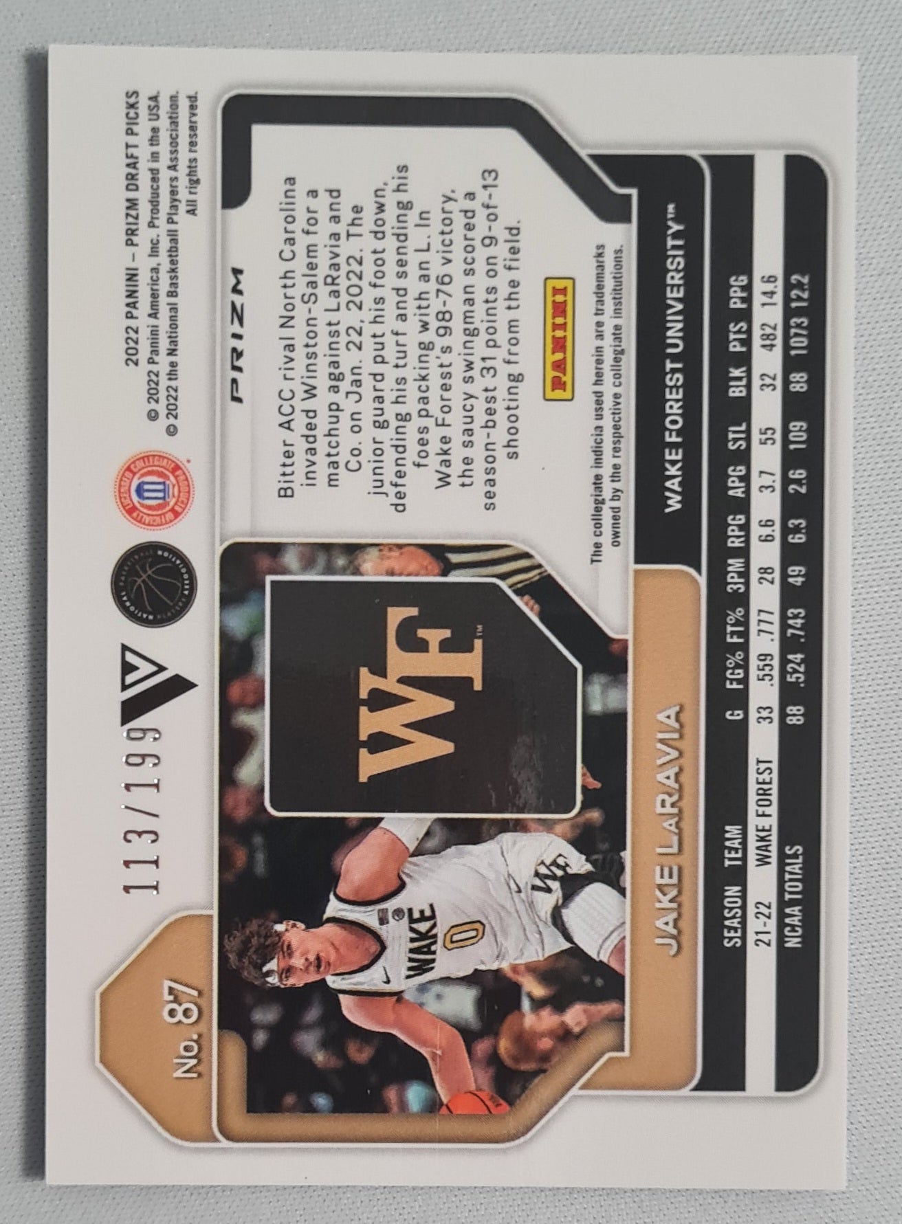 Jake LaRavia - 2022 Panini Prizm Draft Picks Wake Forest Blue Prizm #87 (RC) /199