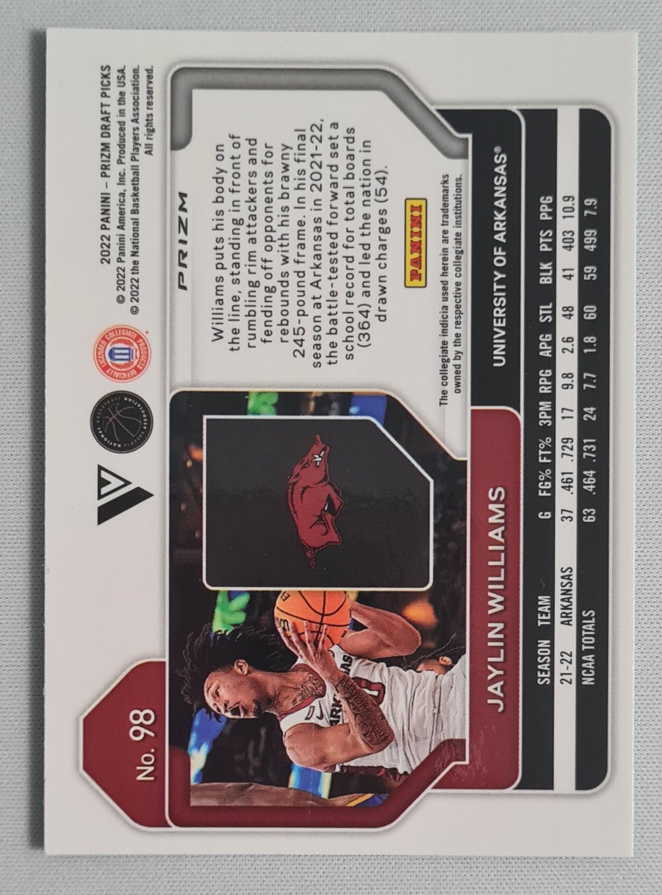 Jaylin Williams - 2022 Panini Prizm Draft Picks Green Prizm Arkansas #98 (RC)