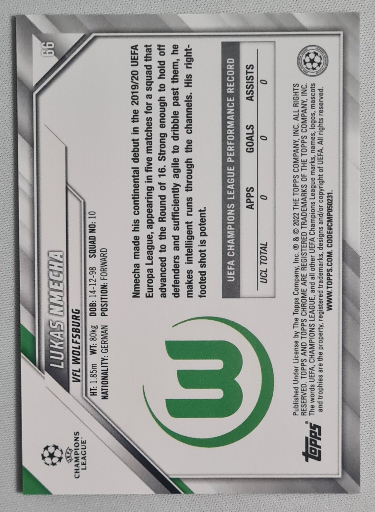 Lukas Nmecha - 2022 Topps Chrome (CL) VFL Wolfsburg #66 Black & White RayWave Refractor