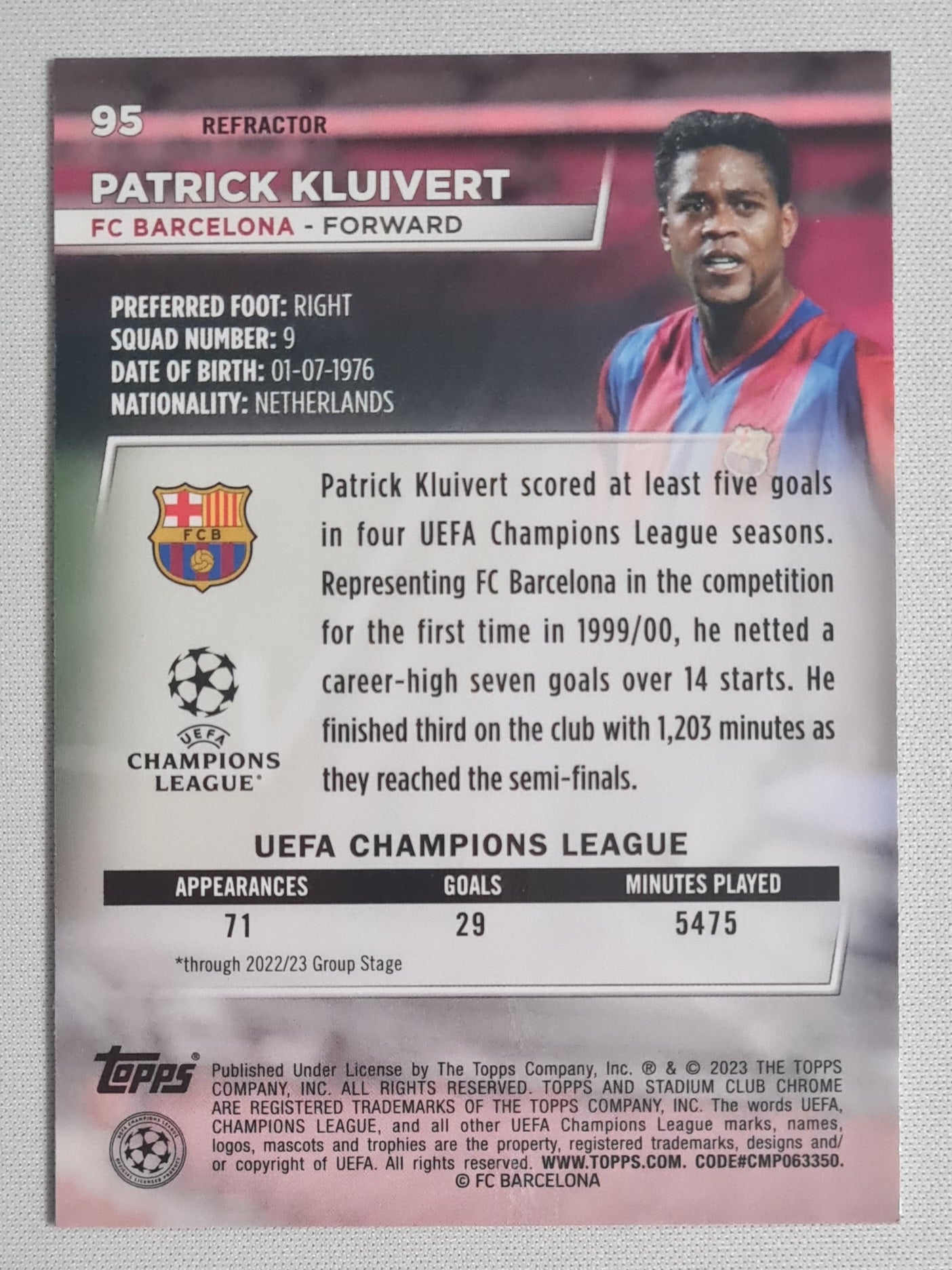 Patrick Kluivert - 2023 Topps Stadium Club Chrome FC Barcelona (CL) #95 Holo