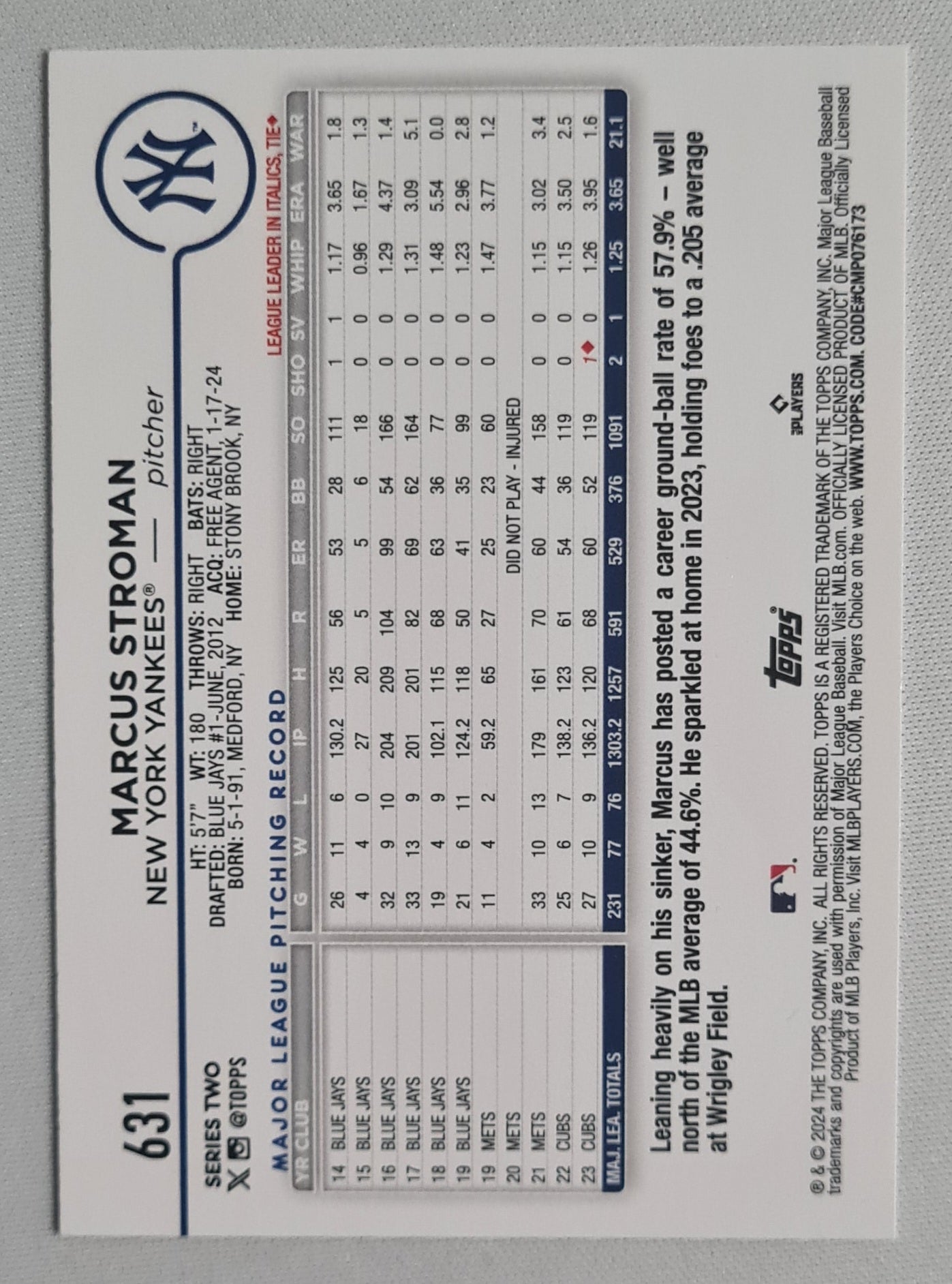 Marcus Stroman - 2024 Topps MLB Baseball New York Yankees #631