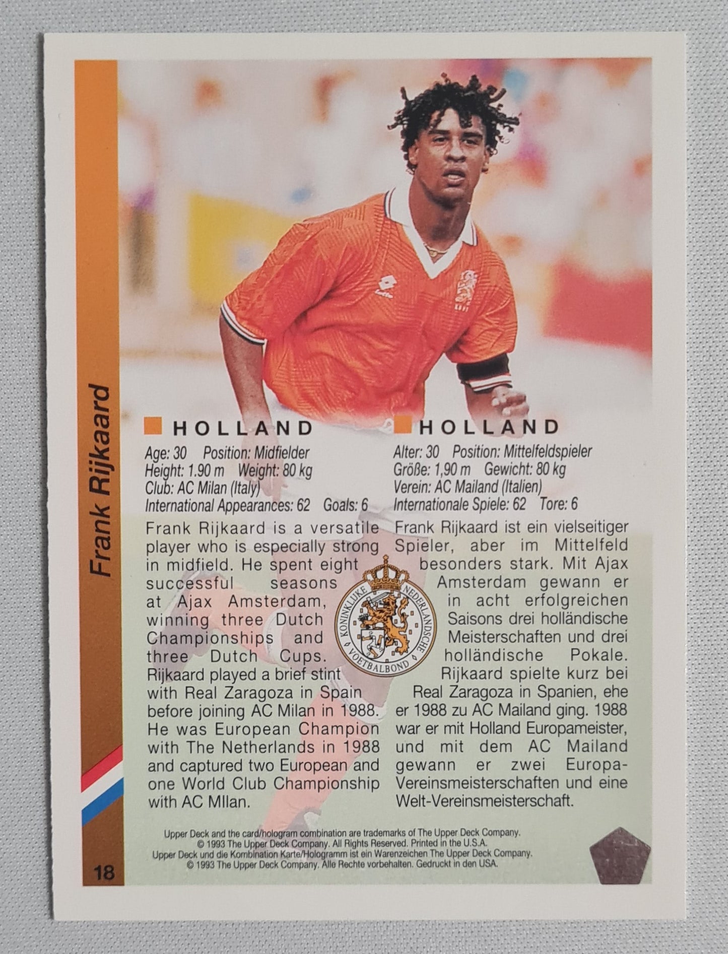 Frank Rijkaard - 1993 Upper Deck #18 - 1994 World Cup USA - Holland