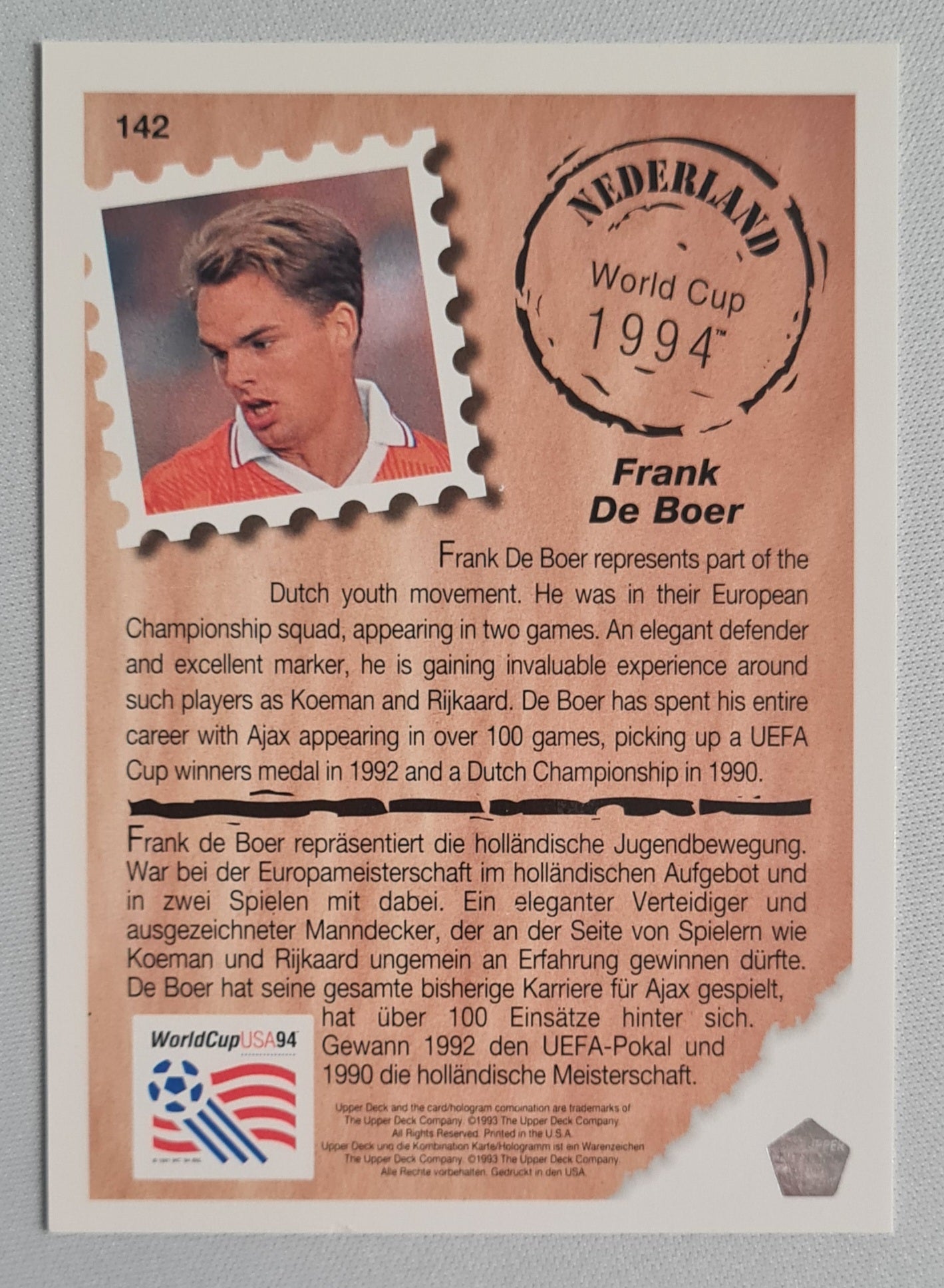 Frank de Boer - 1993 Upper Deck #142 - 1994 World Cup USA - Holland Future Stars