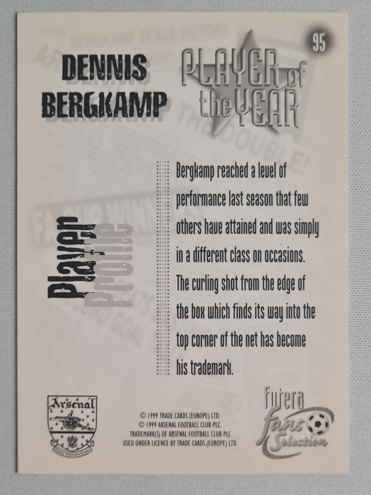 Dennis Bergkamp - 1999 Futera Trade Cards "Player of the Year" Arsenal #95
