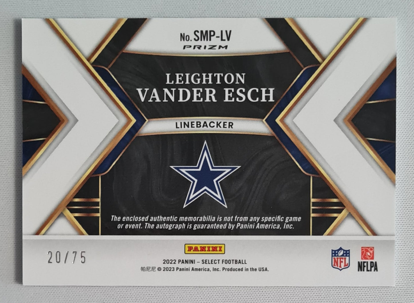 Leighton Vander Esch - 2022 Panini Select Football NFL Cowboy #SMP-LV Prizm /Auto/Patch/75